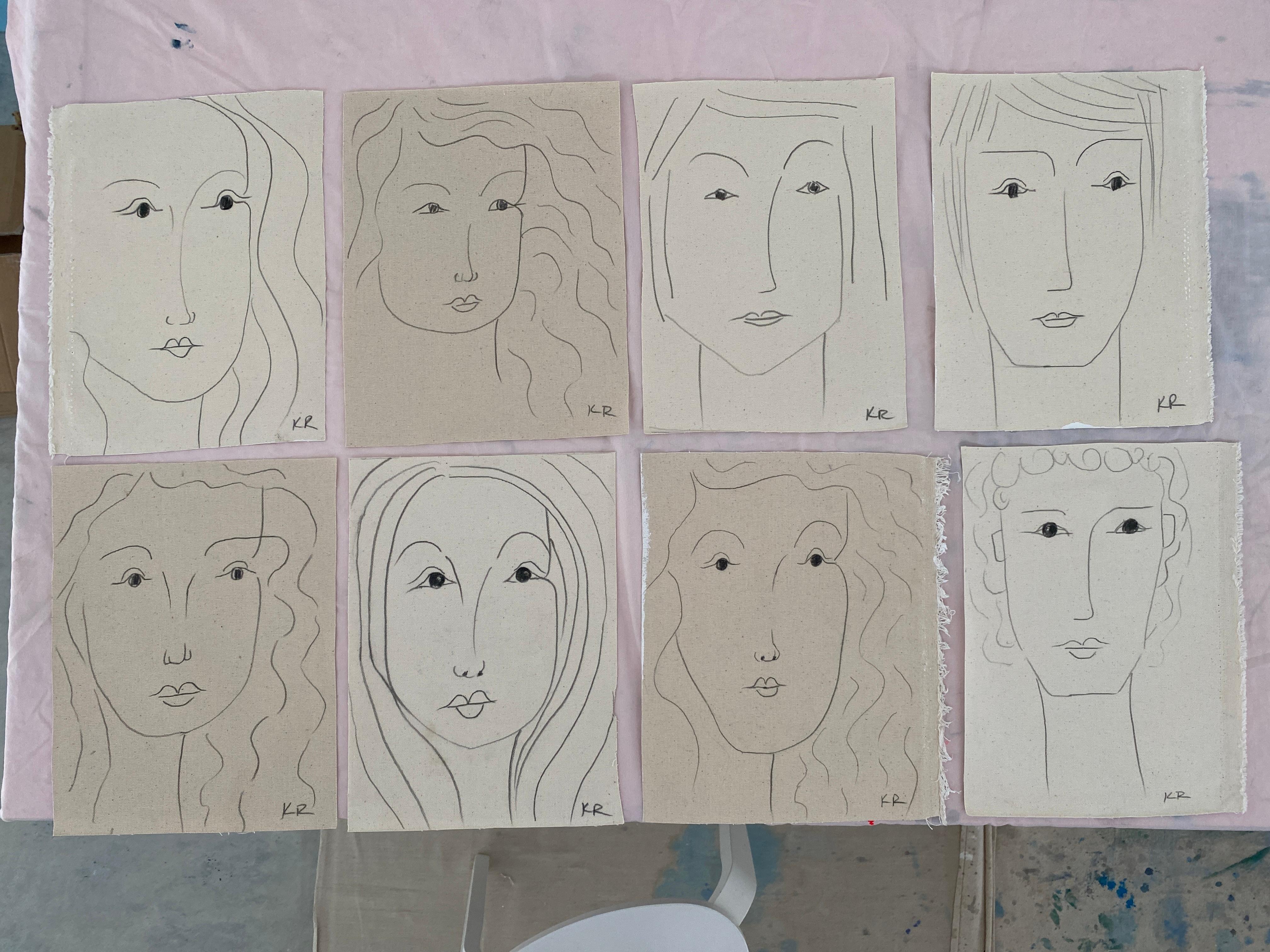 Minimalist portrait sketch collection in pencil on canvas. An elegant small drawing series of works on flat canvas exploring the human face shaped in simple fluid lines and form. Inspired by Matisse's fluid and original draughtsmanship and