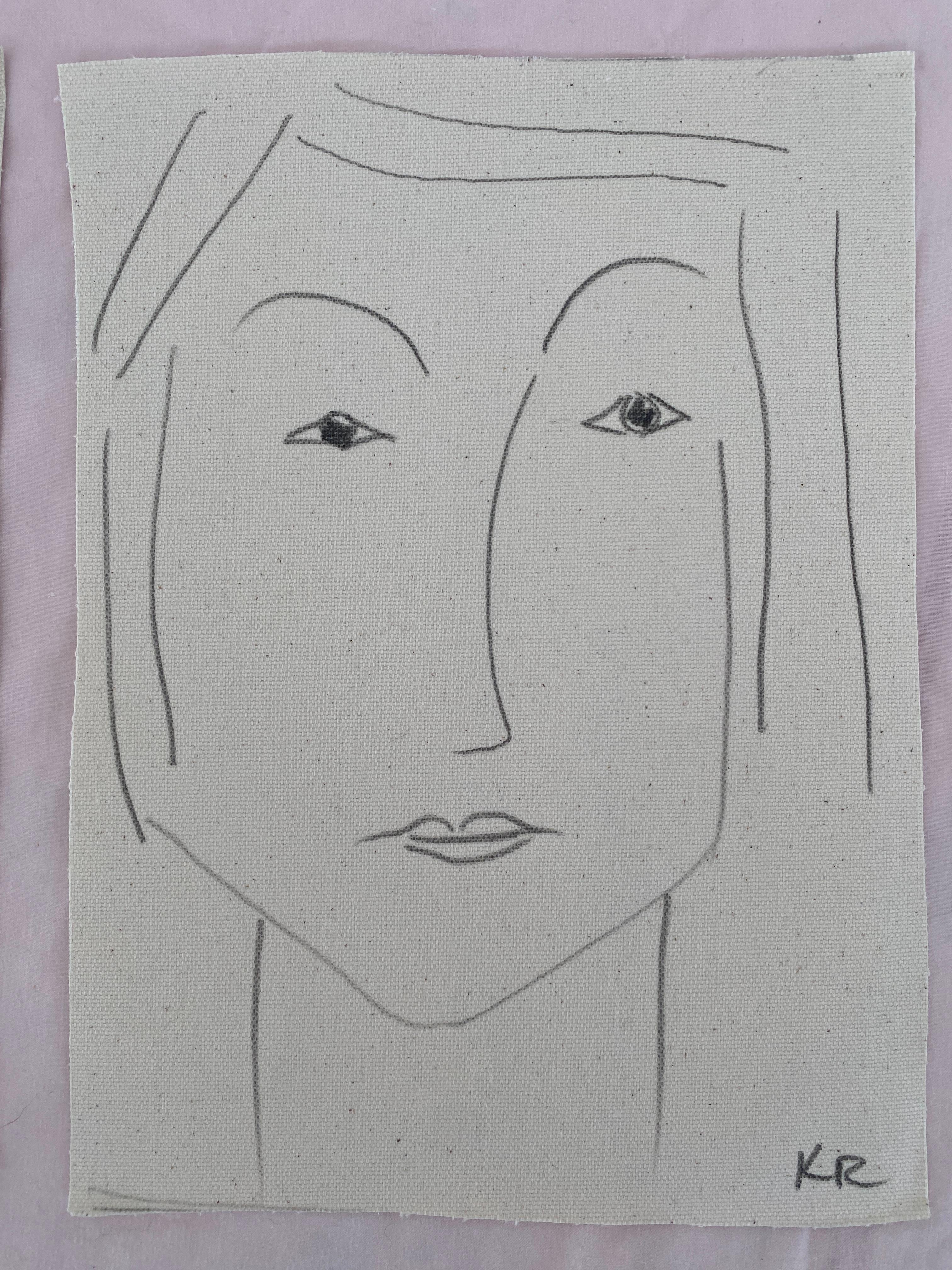 Portrait pencil line sketch minimalist matisse contemporary face drawing KAI - Abstract Painting by Kathleen Rhee