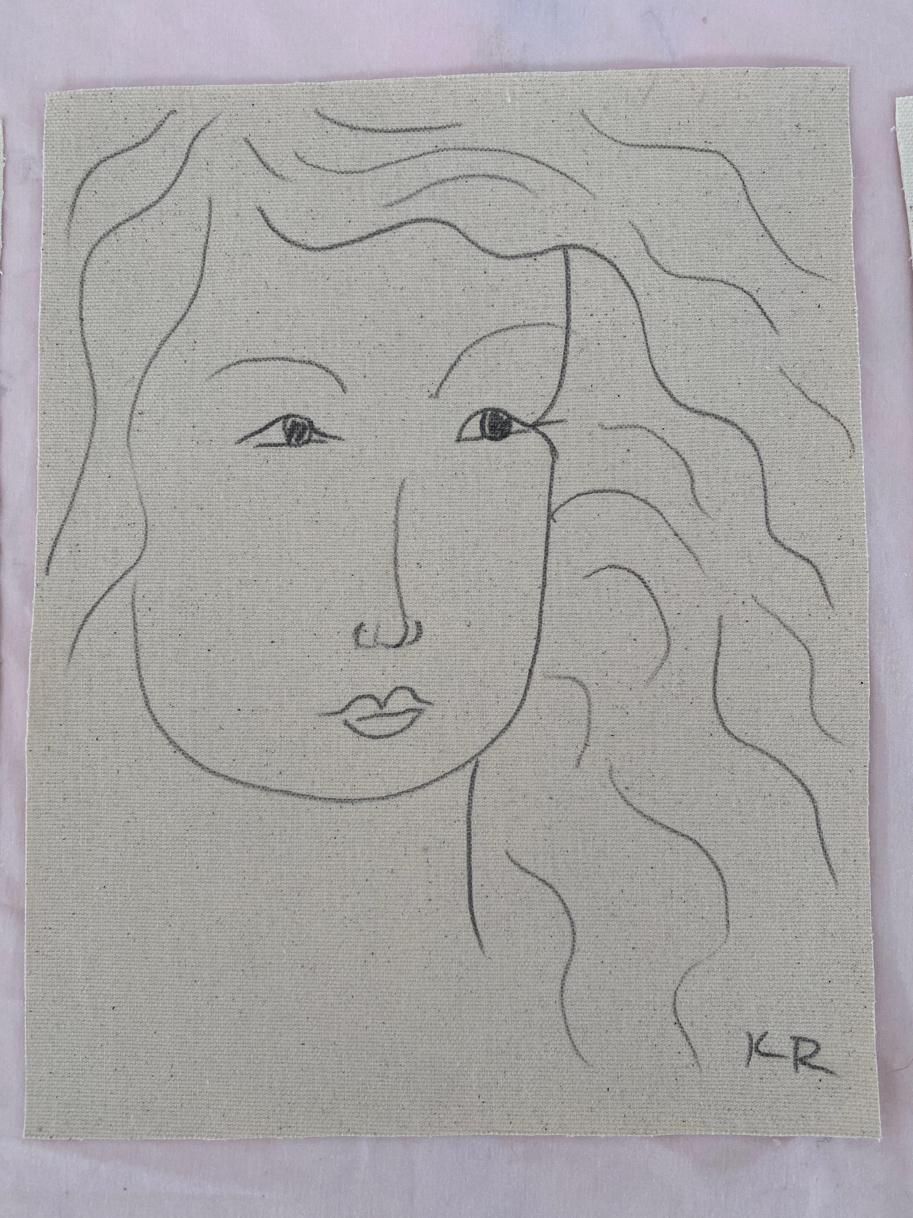 Portrait pencil line sketch minimalist matisse contemporary face drawing KET - Abstract Painting by Kathleen Rhee