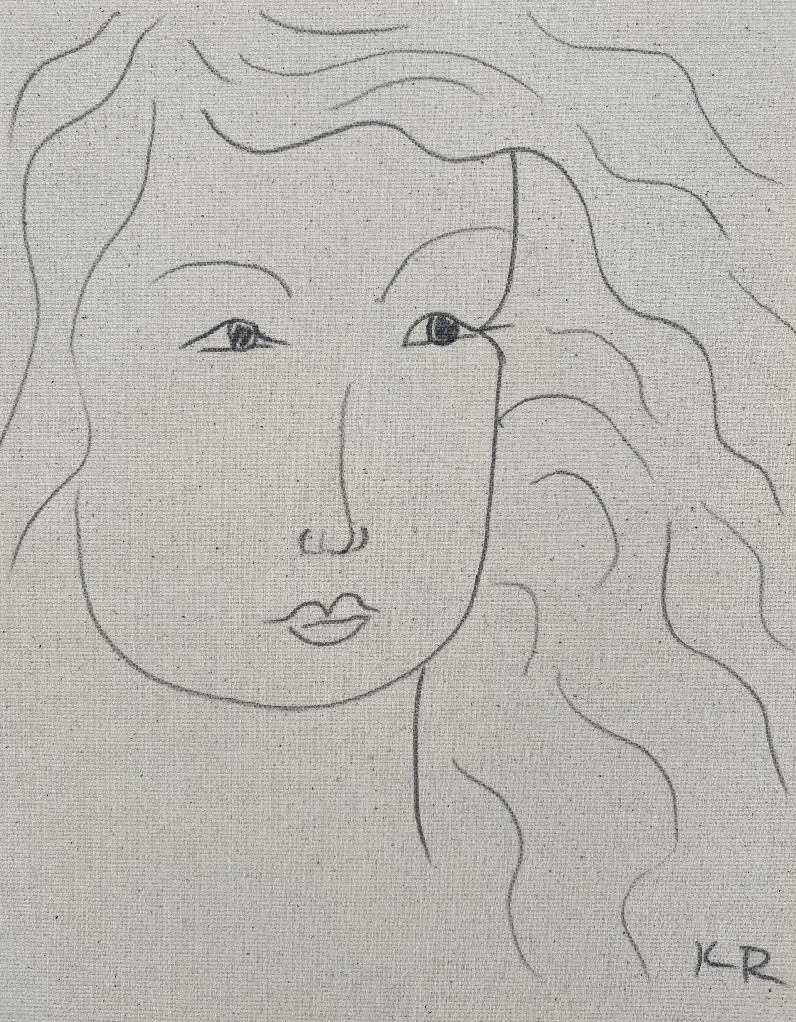 Abstract Painting Kathleen Rhee - Portrait crayon croquis au trait minimaliste matisse contemporain dessin de visage KET