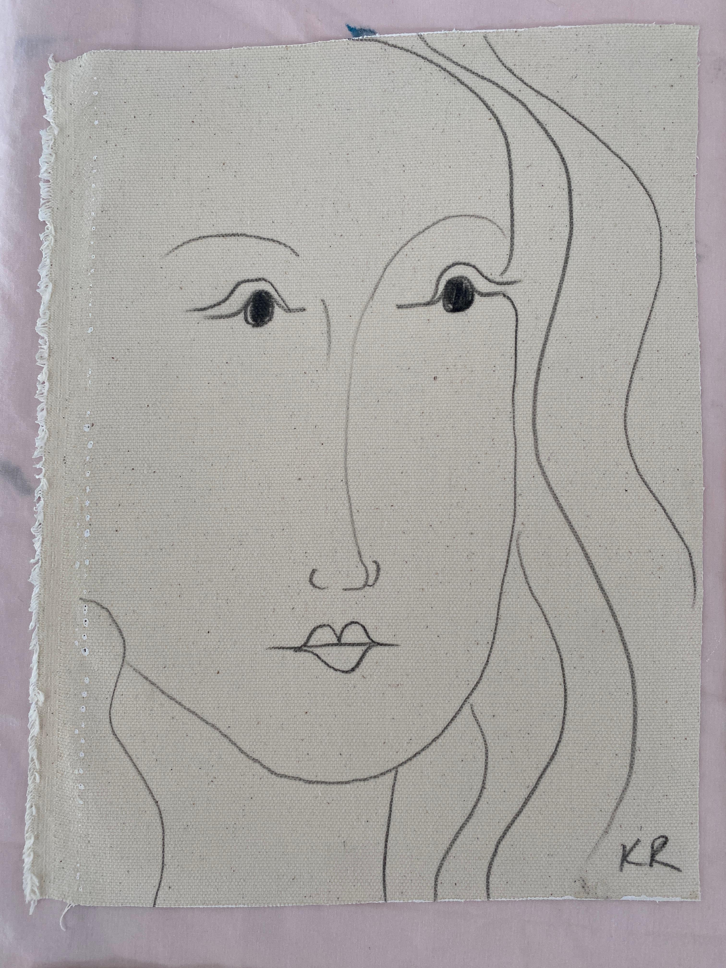 Portrait pencil line sketch minimalist matisse contemporary face drawing KEY - Abstract Painting by Kathleen Rhee