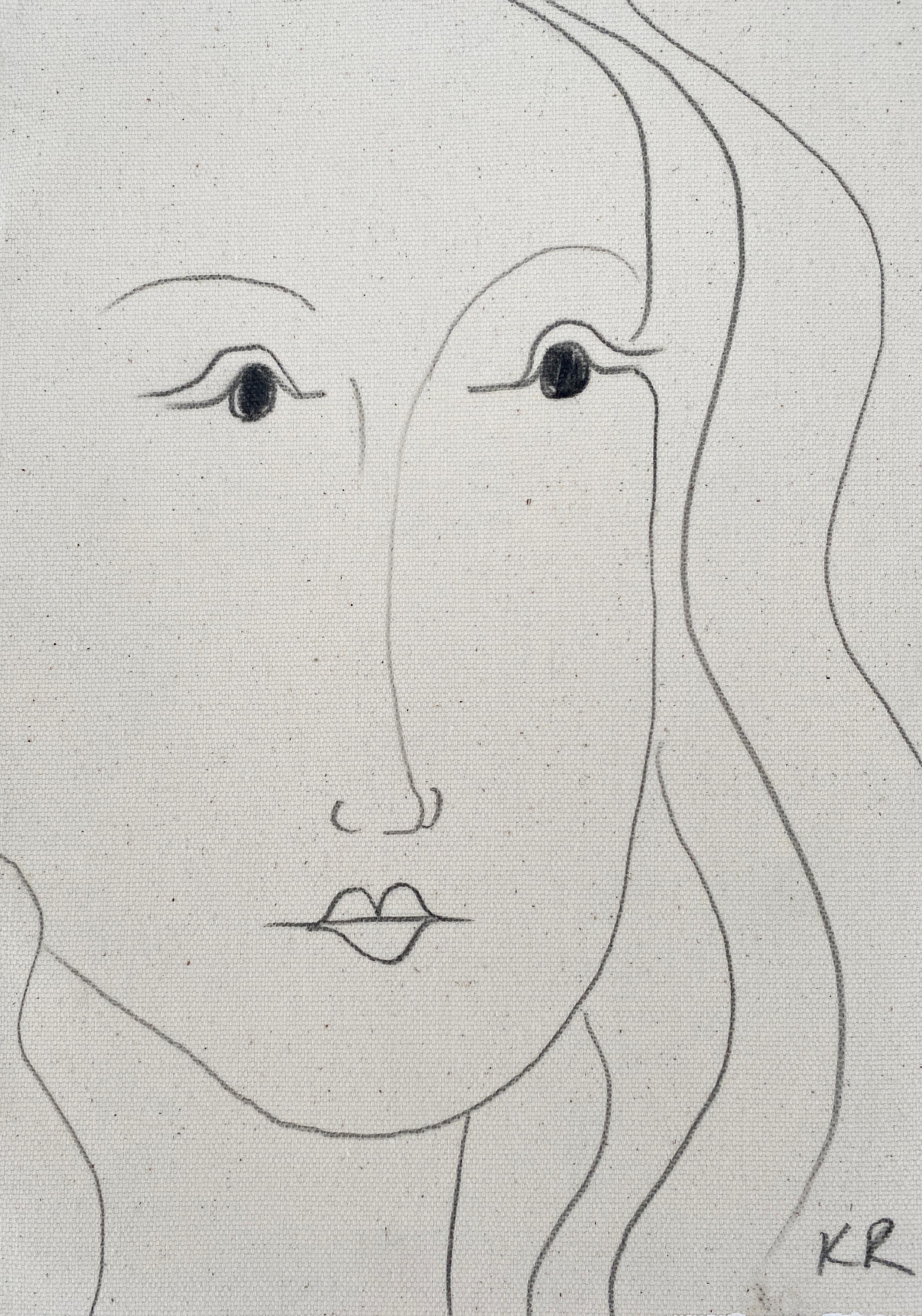 Abstract Painting Kathleen Rhee - Portrait crayon croquis au trait minimaliste matisse dessin de visage contemporain CLEF