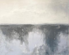 Quiet Morning minimalist abstract landscape painting in grey white silver