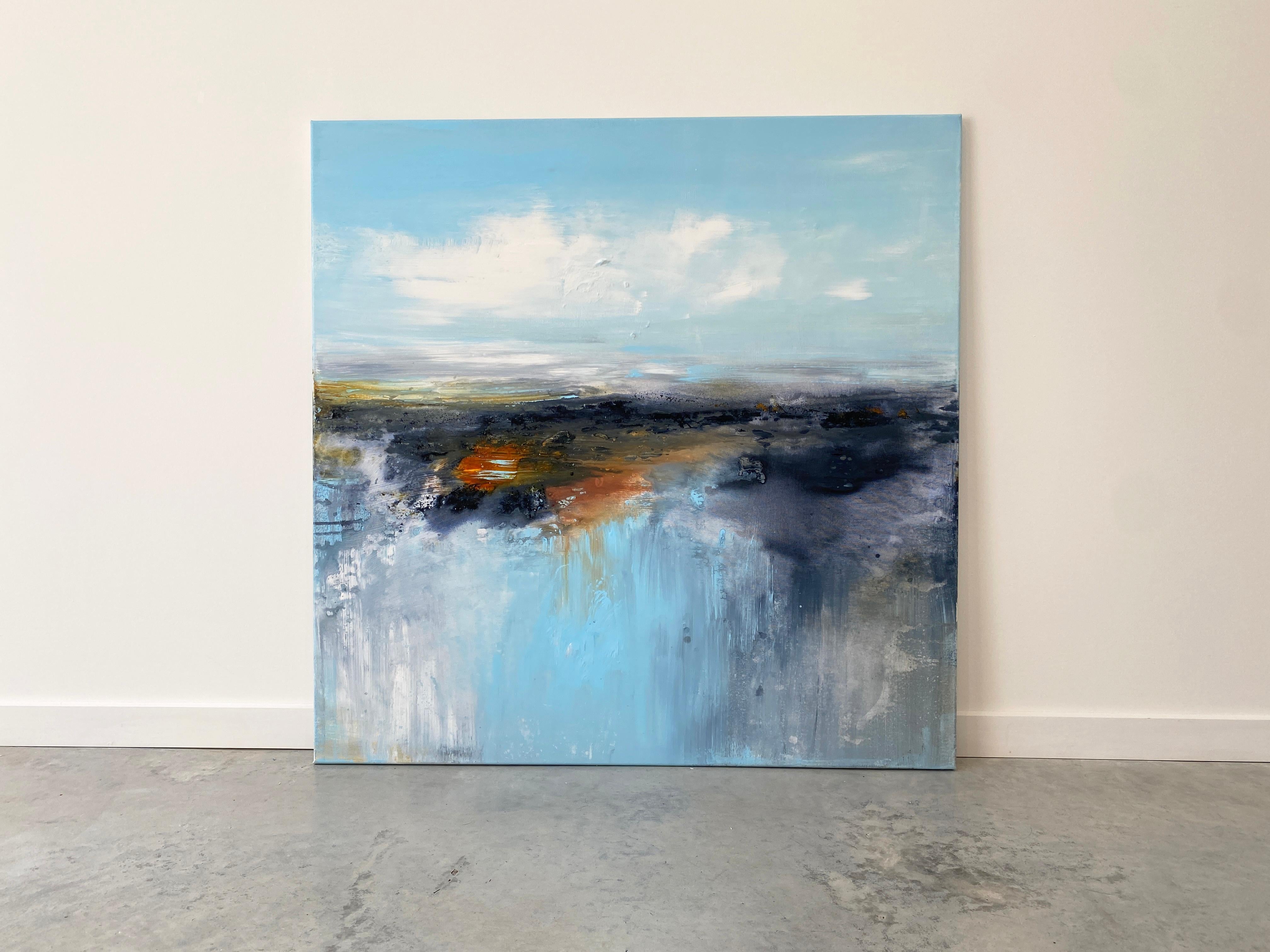 Reflektionen von blauem, abstraktem, quadratischem Landschaftsgemälde in Küstenpastell (Abstrakter Expressionismus), Painting, von Kathleen Rhee