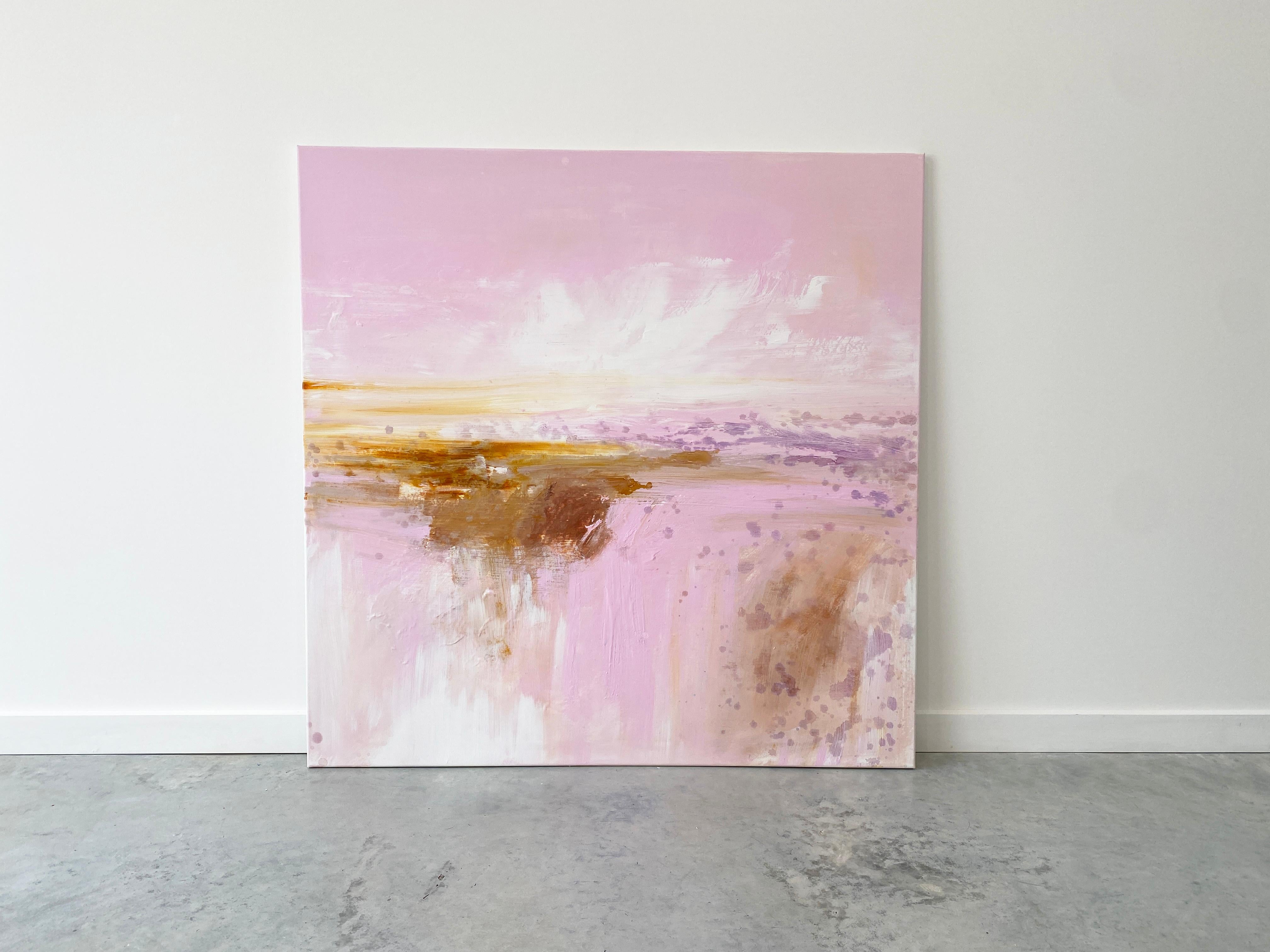 Reflections de la peinture carrée expressionniste abstraite rose au pastel côtier - Expressionnisme abstrait Painting par Kathleen Rhee