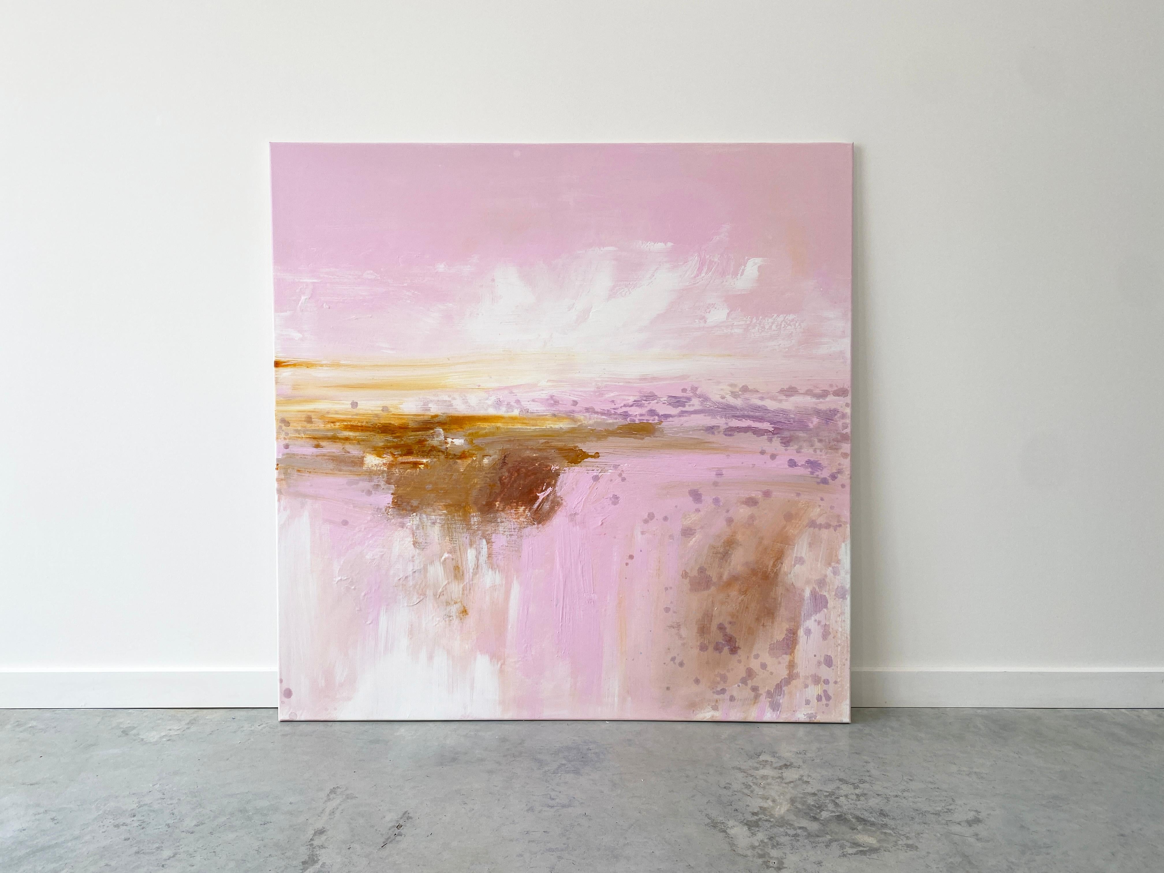 Reflections de la peinture carrée expressionniste abstraite rose au pastel côtier en vente 1