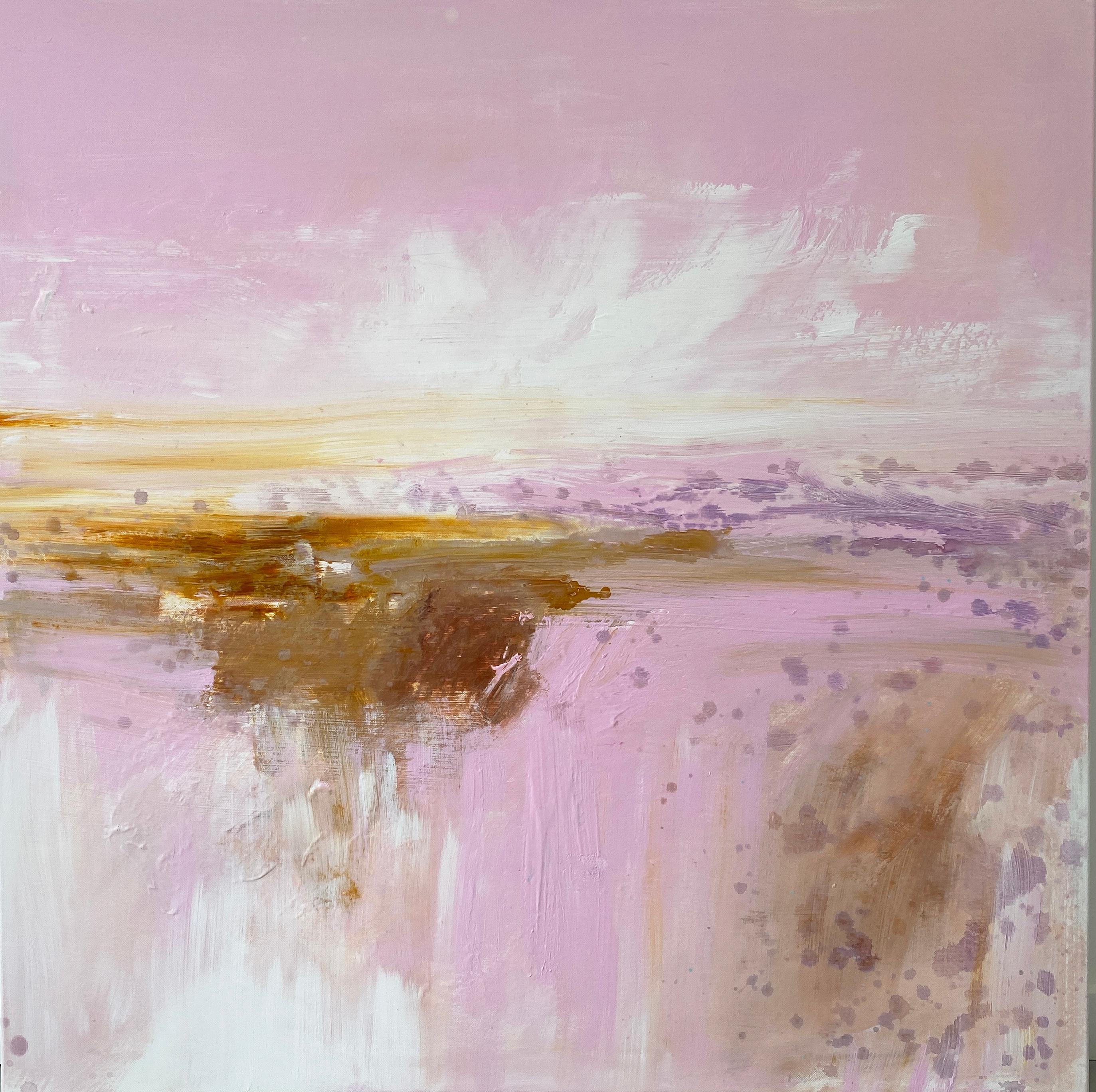 Kathleen Rhee Abstract Painting - Reflections of Pink abstract expressionist square painting coastal pastel