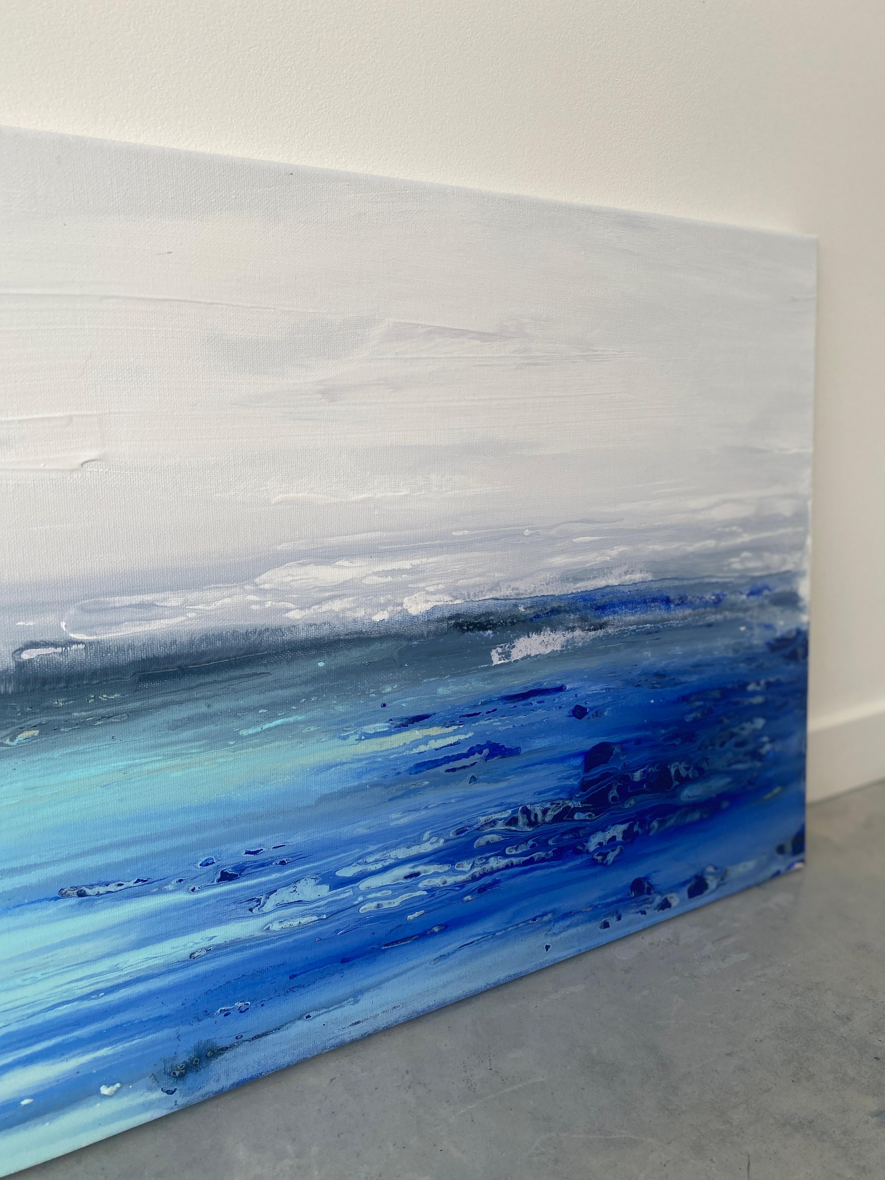 Meereslandschaft, Original coastal minimalistisches Gemälde in Blau, Weiß, Sand und Aqua 9