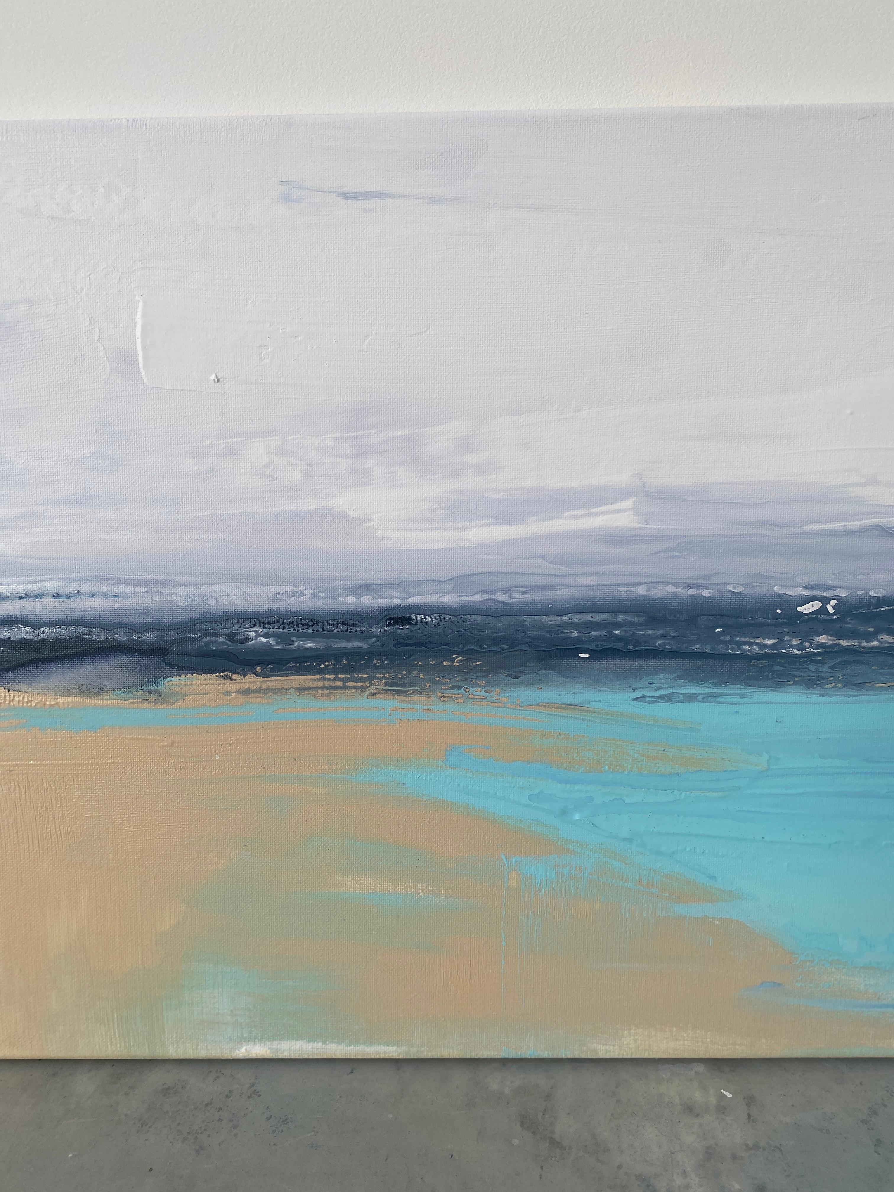 Meereslandschaft, Original coastal minimalistisches Gemälde in Blau, Weiß, Sand und Aqua 10