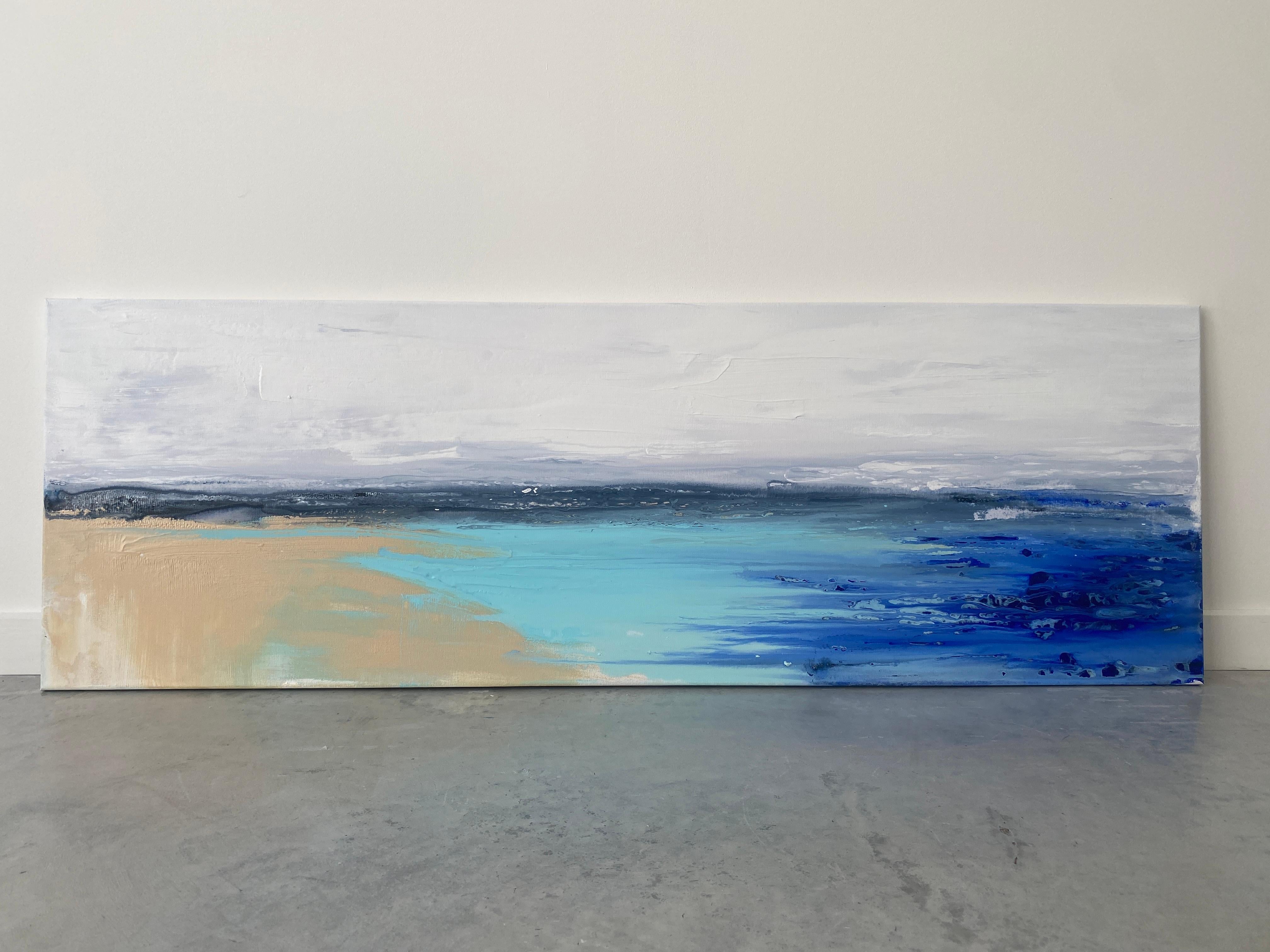 Meereslandschaft, Original coastal minimalistisches Gemälde in Blau, Weiß, Sand und Aqua 11
