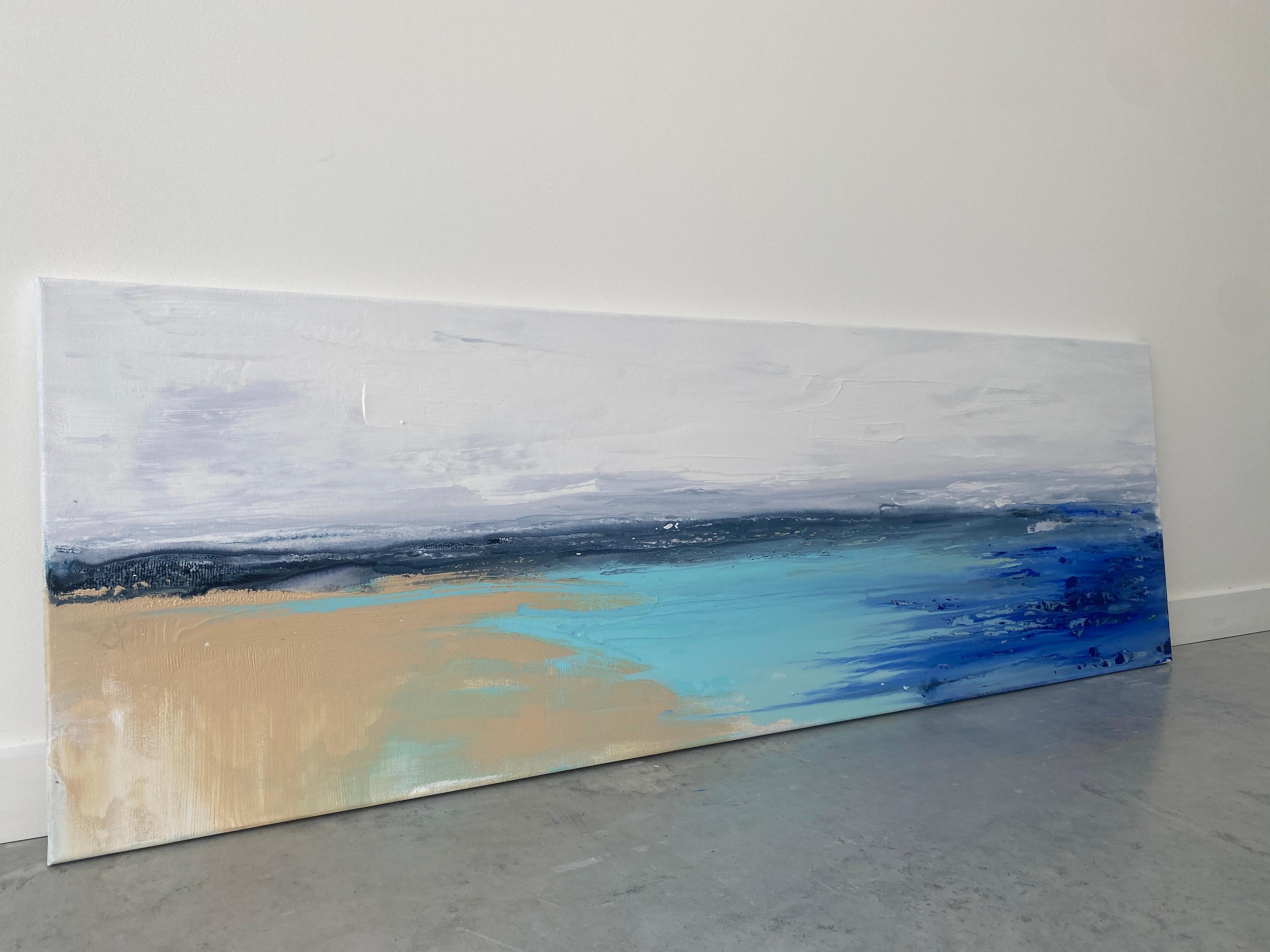 Meereslandschaft, Original coastal minimalistisches Gemälde in Blau, Weiß, Sand und Aqua 12