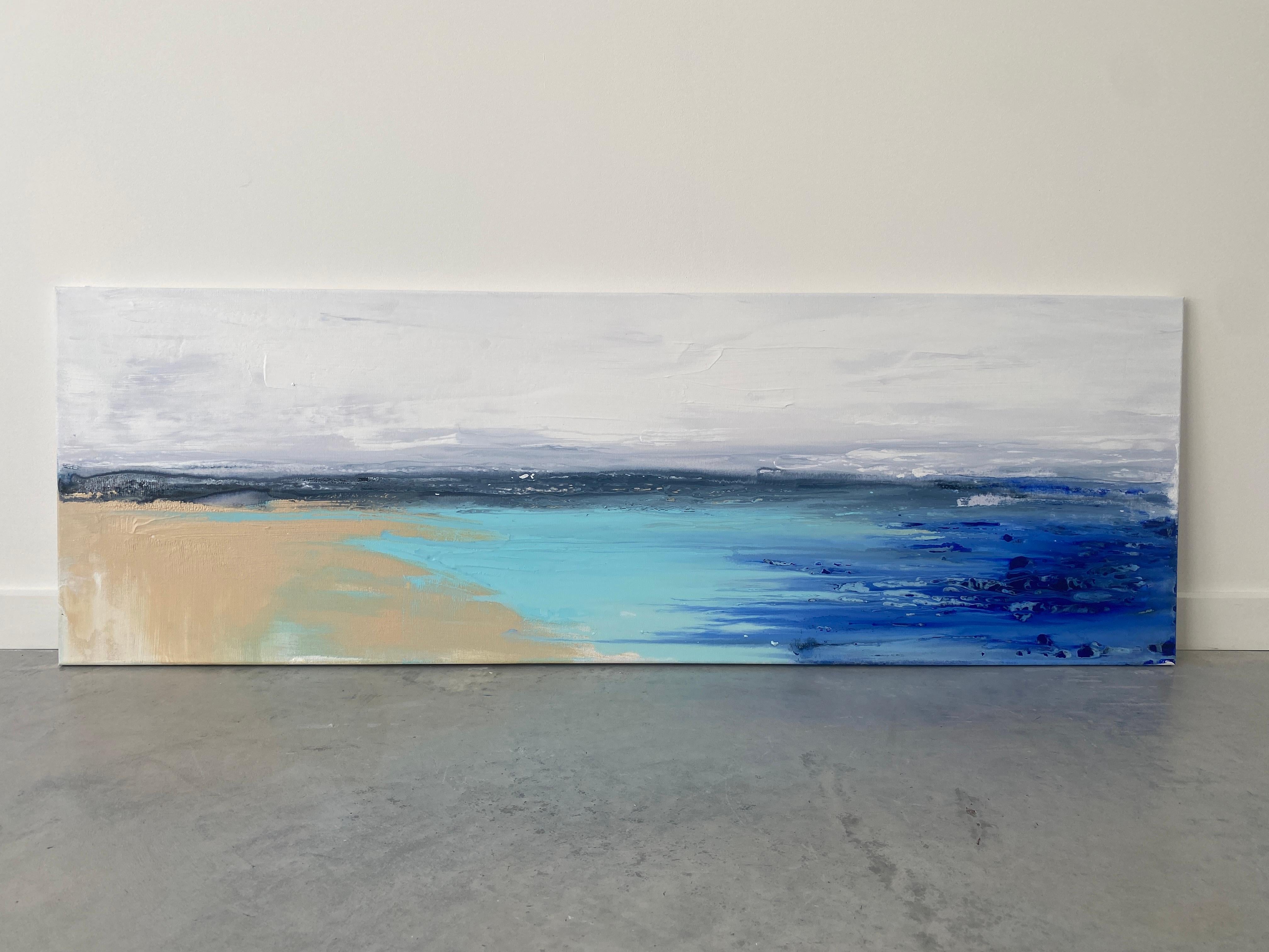 Meereslandschaft, Original coastal minimalistisches Gemälde in Blau, Weiß, Sand und Aqua (Abstrakter Impressionismus), Painting, von Kathleen Rhee