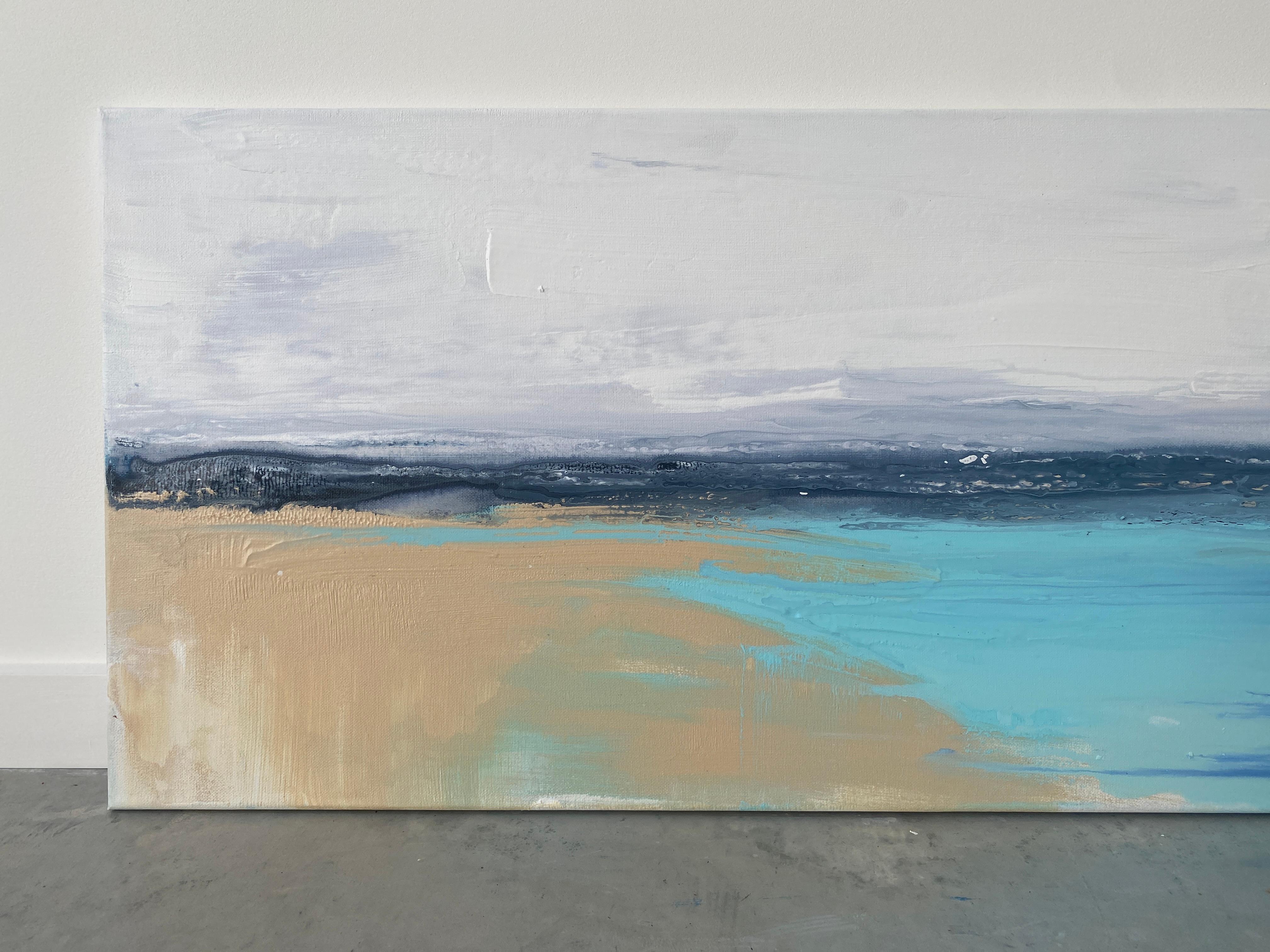 Meereslandschaft, Original coastal minimalistisches Gemälde in Blau, Weiß, Sand und Aqua 1