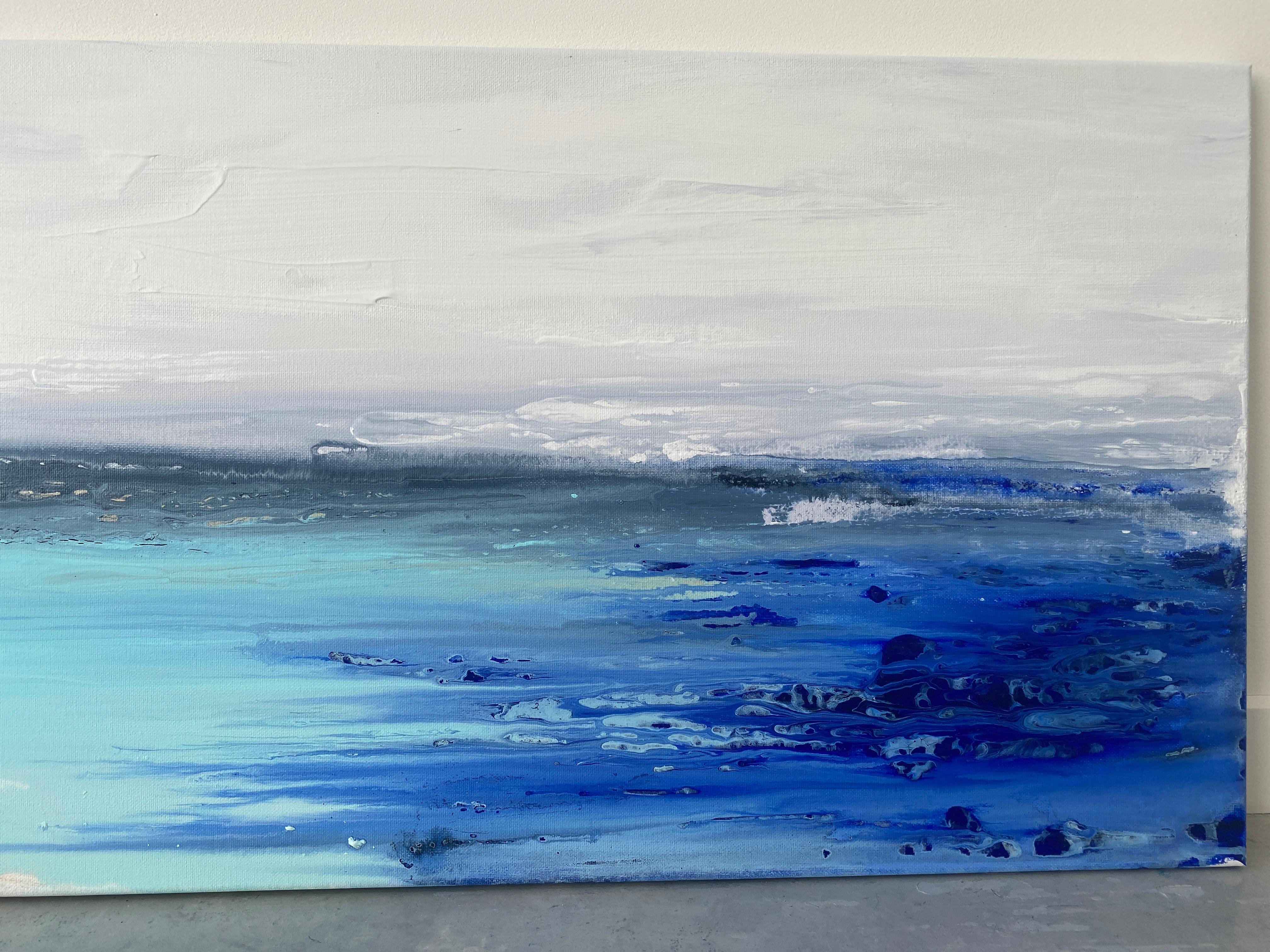 Meereslandschaft, Original coastal minimalistisches Gemälde in Blau, Weiß, Sand und Aqua 2