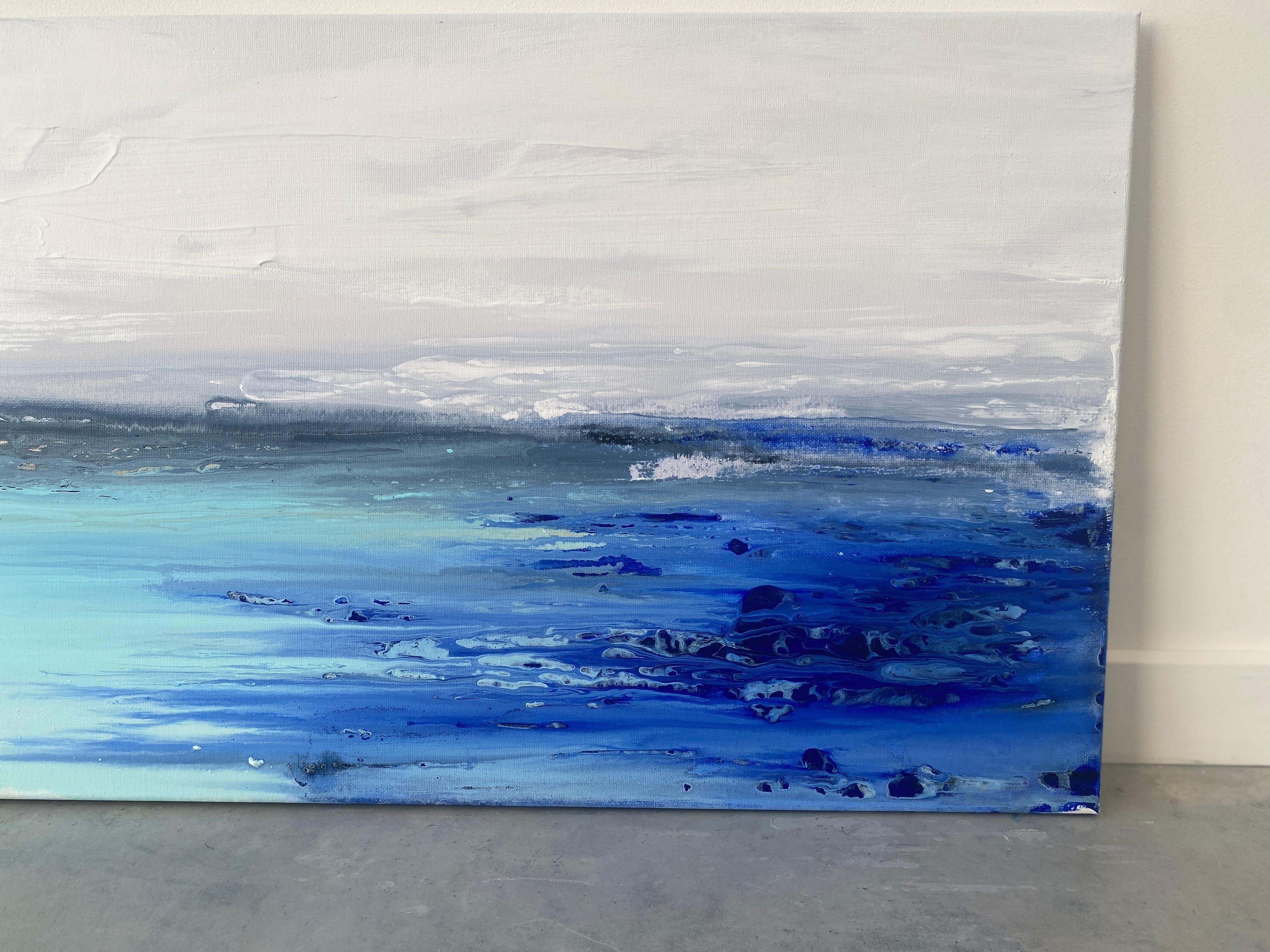 Meereslandschaft, Original coastal minimalistisches Gemälde in Blau, Weiß, Sand und Aqua 3