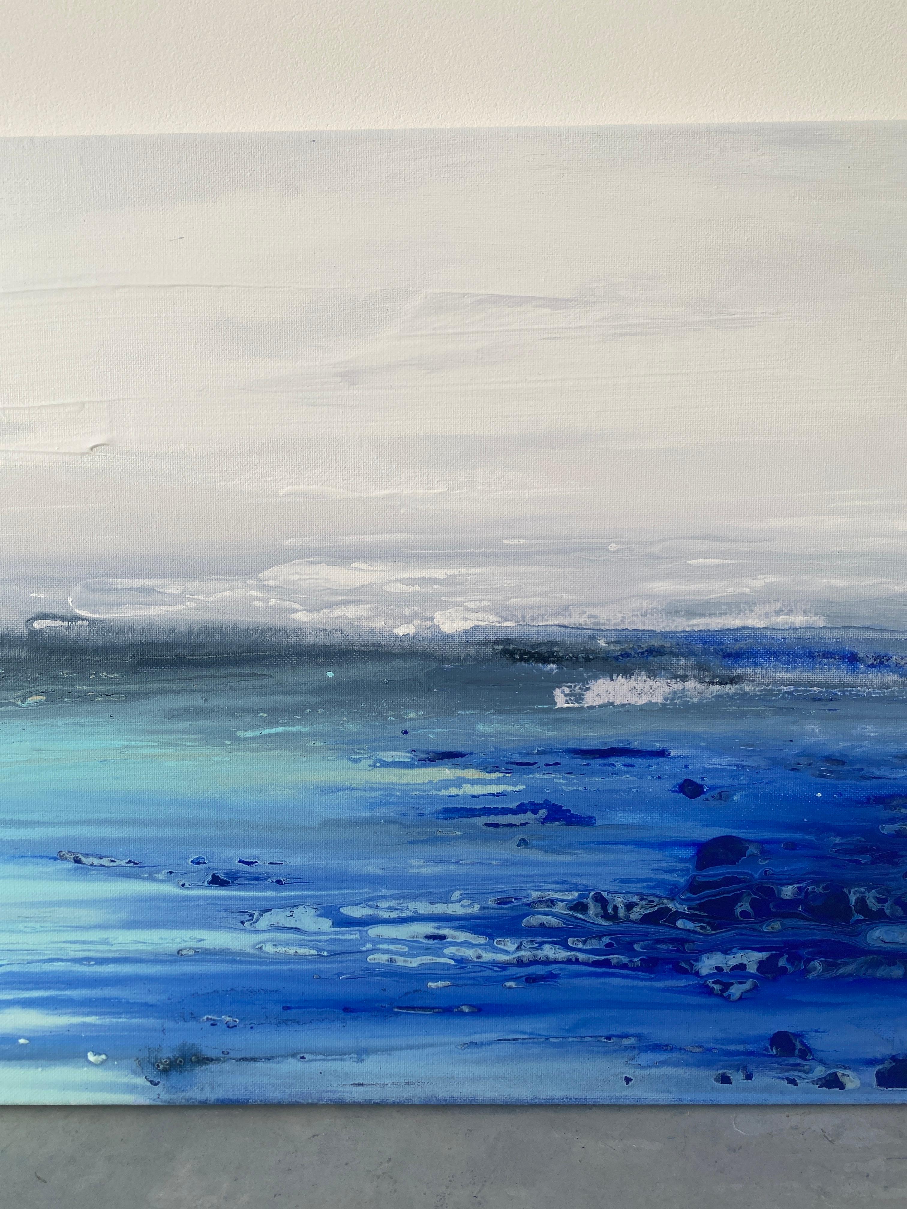 Meereslandschaft, Original coastal minimalistisches Gemälde in Blau, Weiß, Sand und Aqua 4