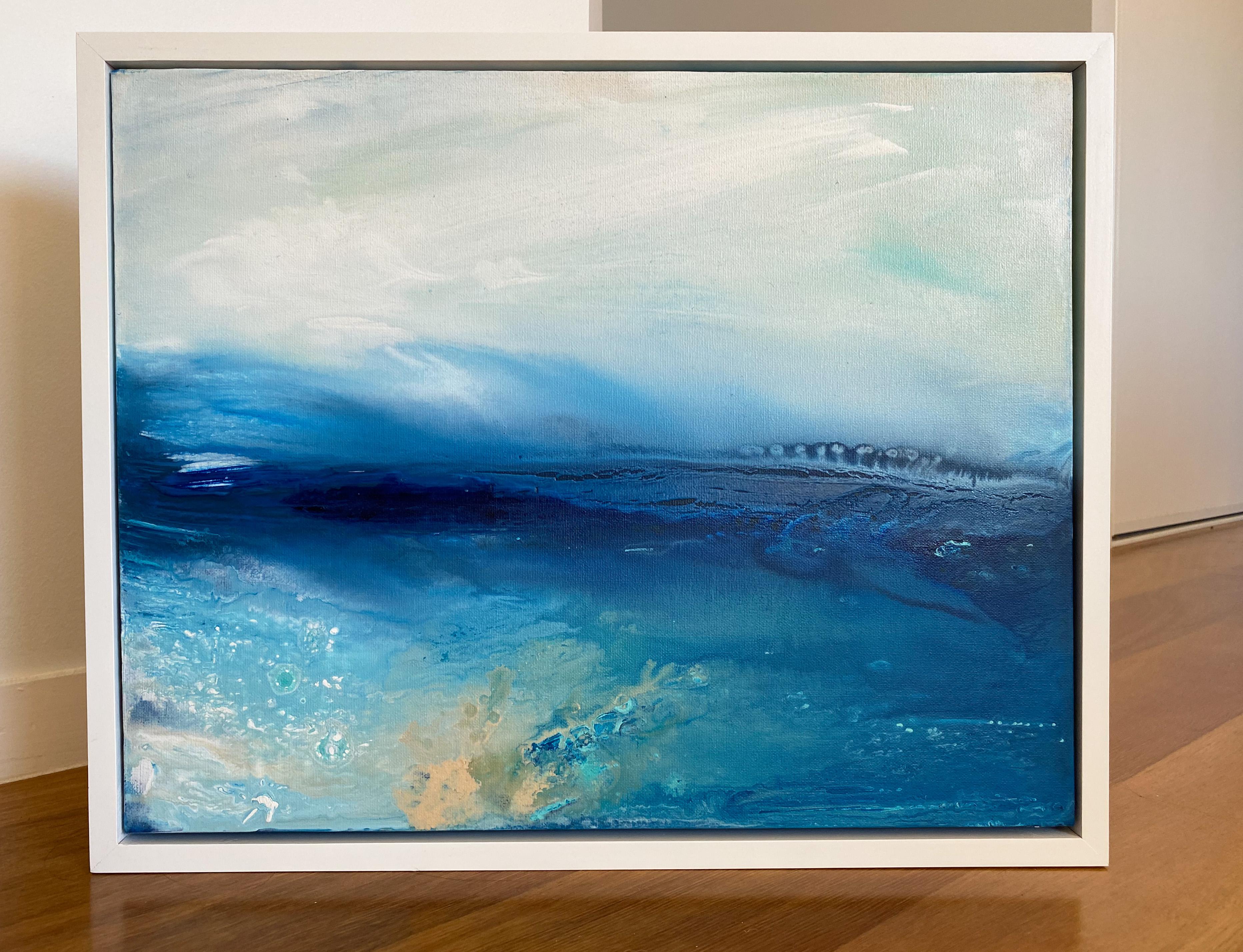 Seascape no1 coastal blue ocean waves abstract waters framed in white timber - Painting by Kathleen Rhee