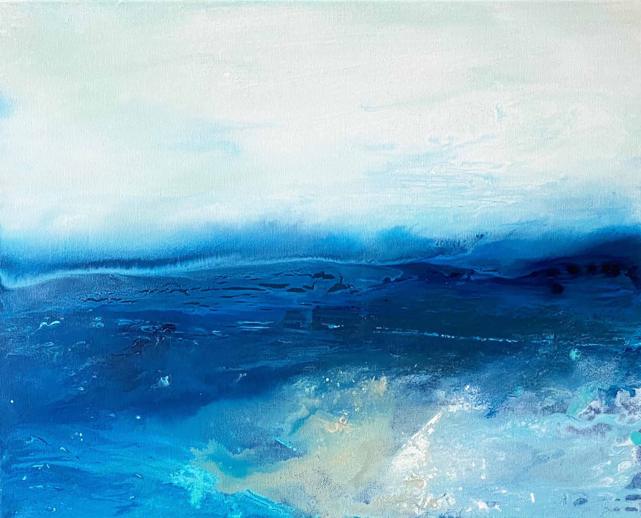 Kathleen Rhee Landscape Painting – Meereslandschaft Nr. 2 Küstenblaue Meereswellen abstrakte Gewässer gerahmt in weißem Holz