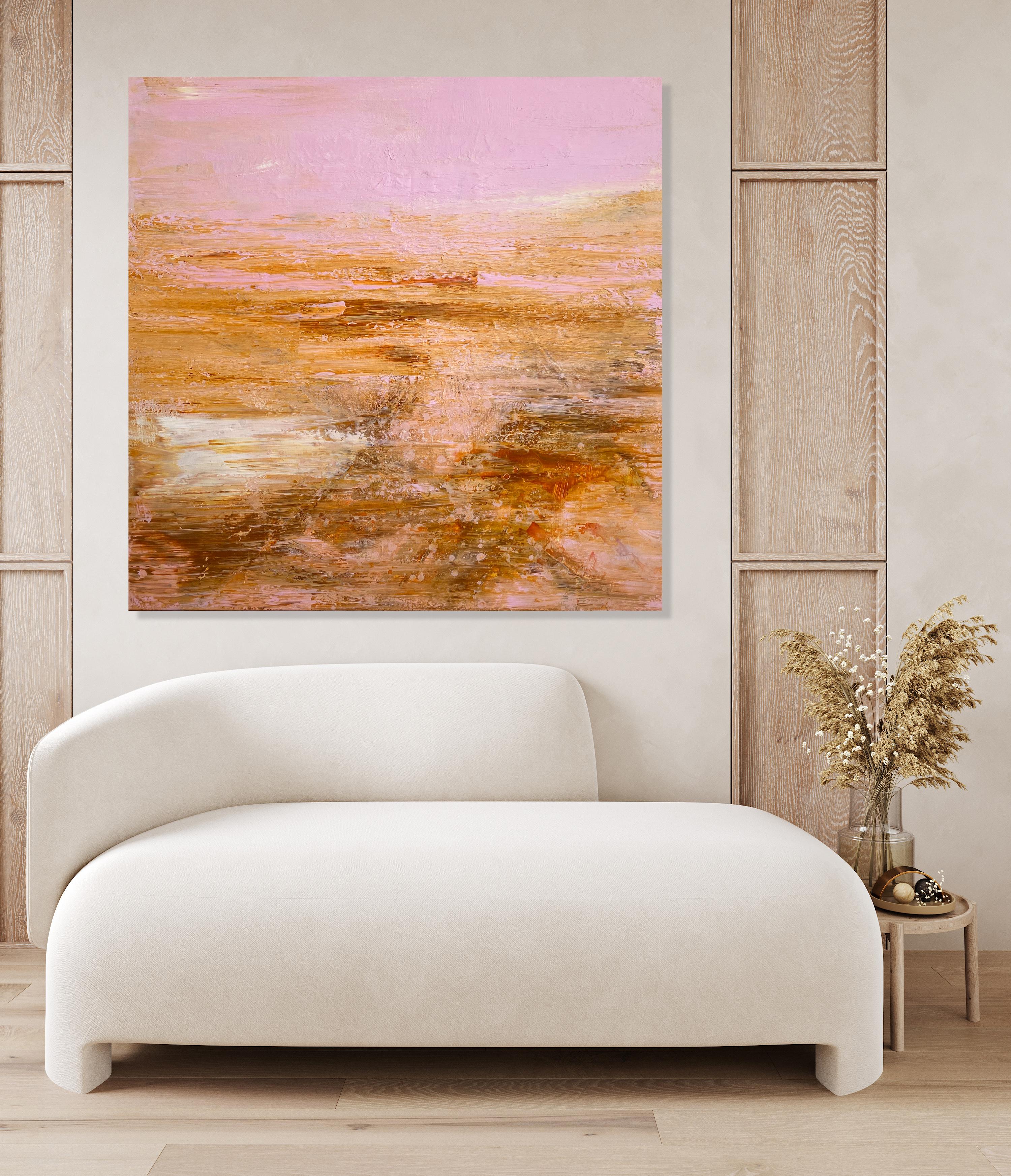 Shimmering abstract impressionist landscape square canvas pink gold sienna  - Painting by Kathleen Rhee