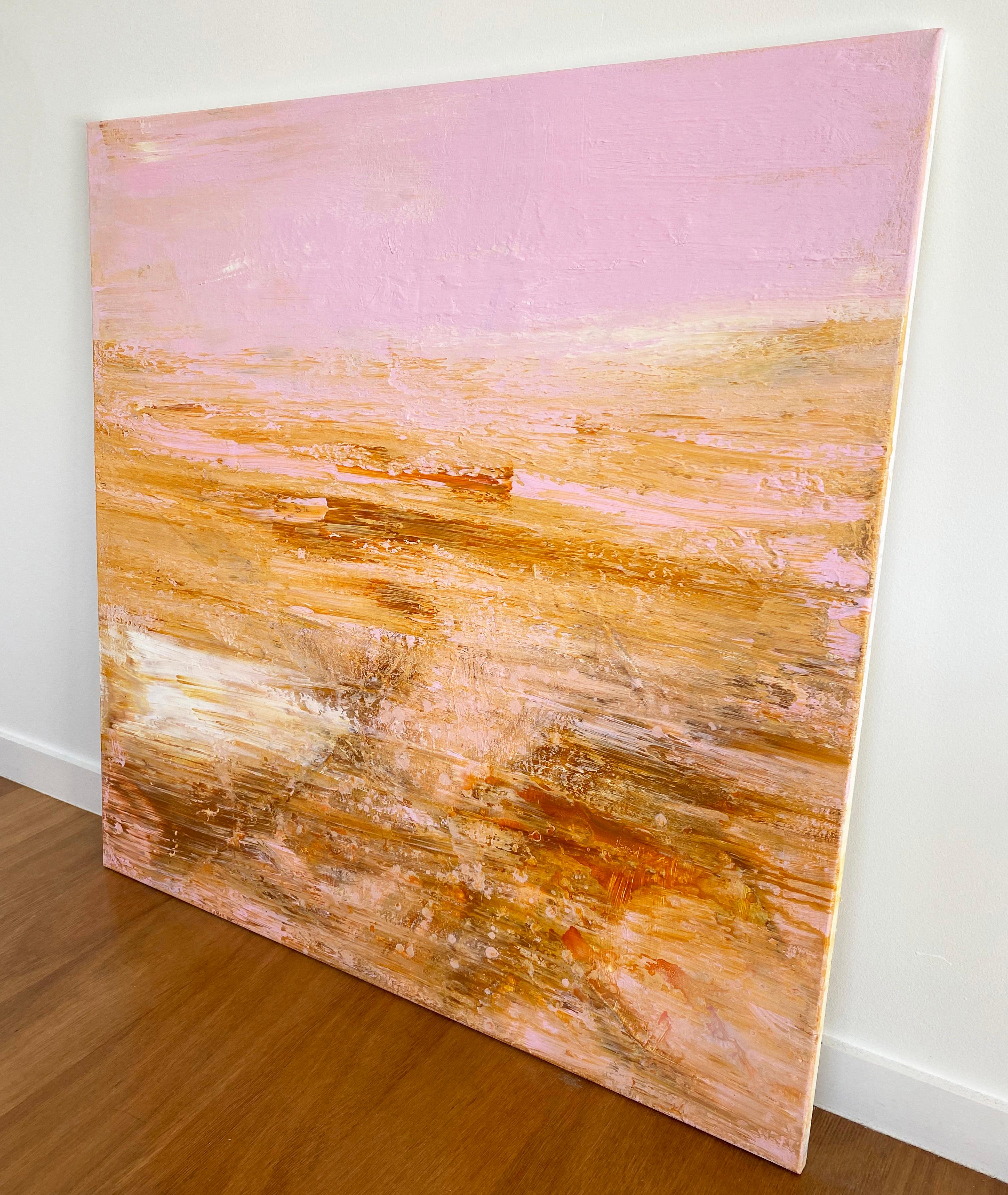 Shimmering abstract impressionist landscape square canvas pink gold sienna  - Abstract Expressionist Painting by Kathleen Rhee