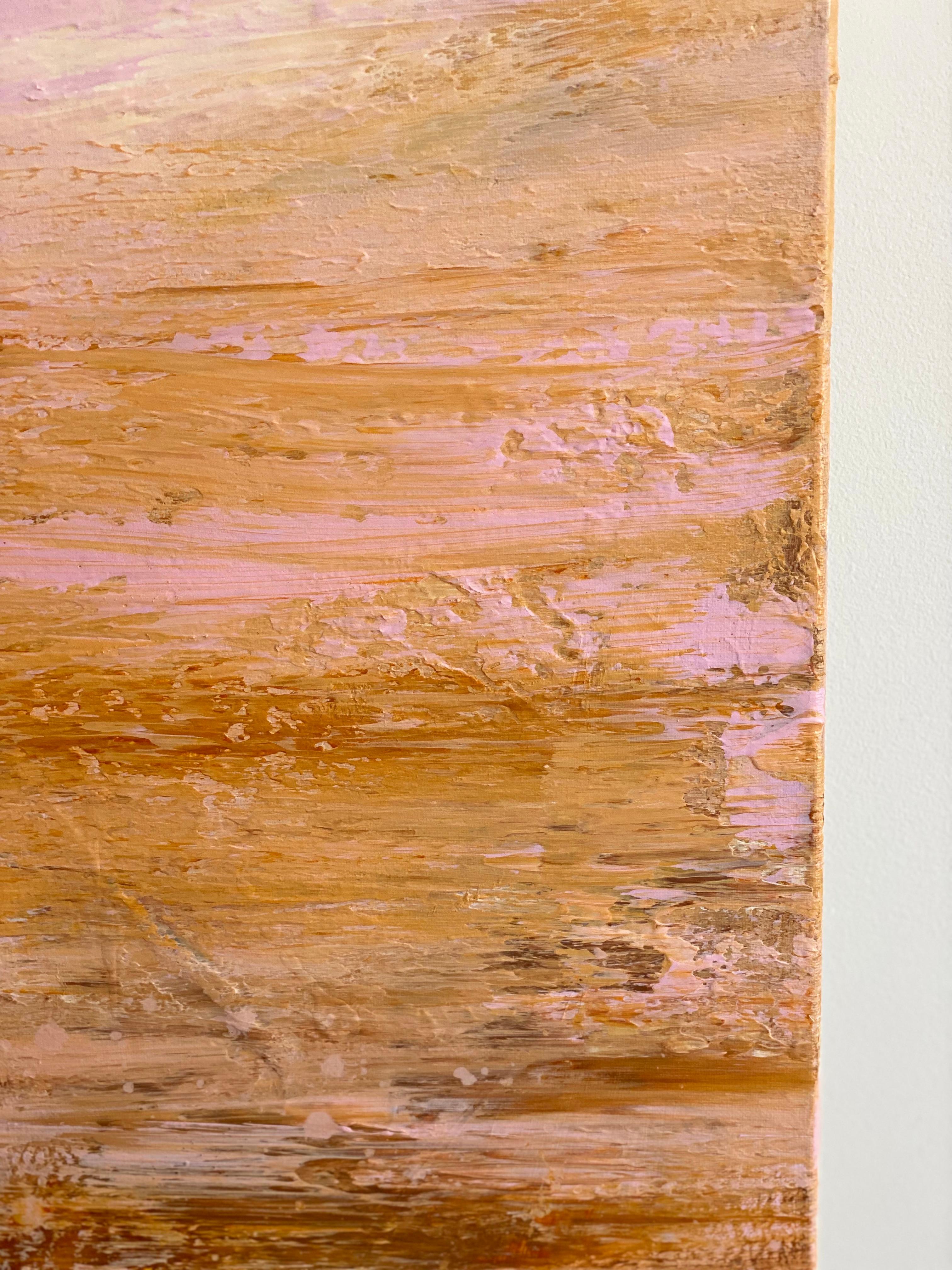 Shimmering abstract impressionist landscape square canvas pink gold sienna  - Brown Abstract Painting by Kathleen Rhee