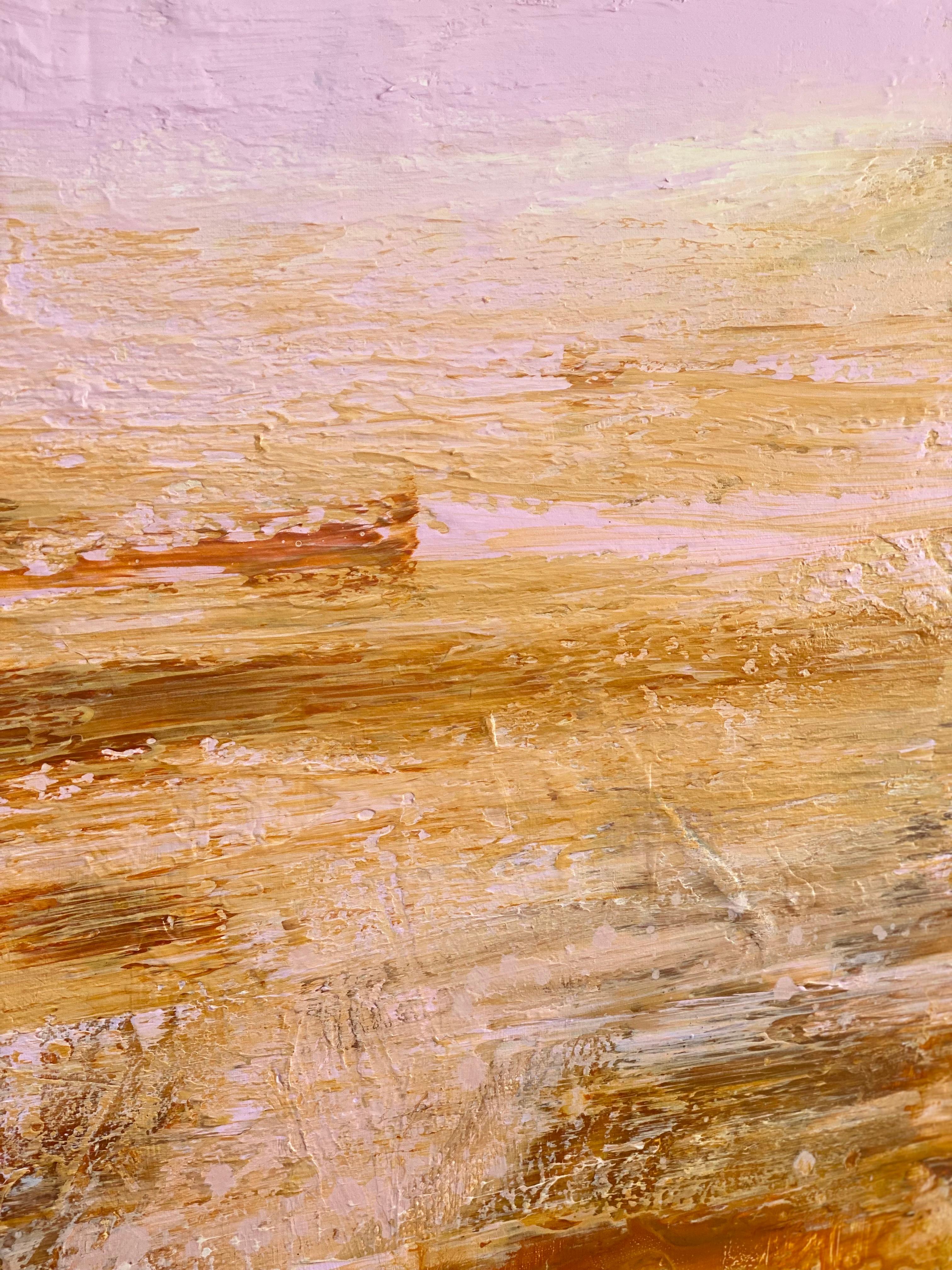 Shimmering abstract impressionist landscape square canvas pink gold sienna  1