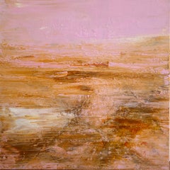 Shimmering abstract impressionist landscape square canvas pink gold sienna 