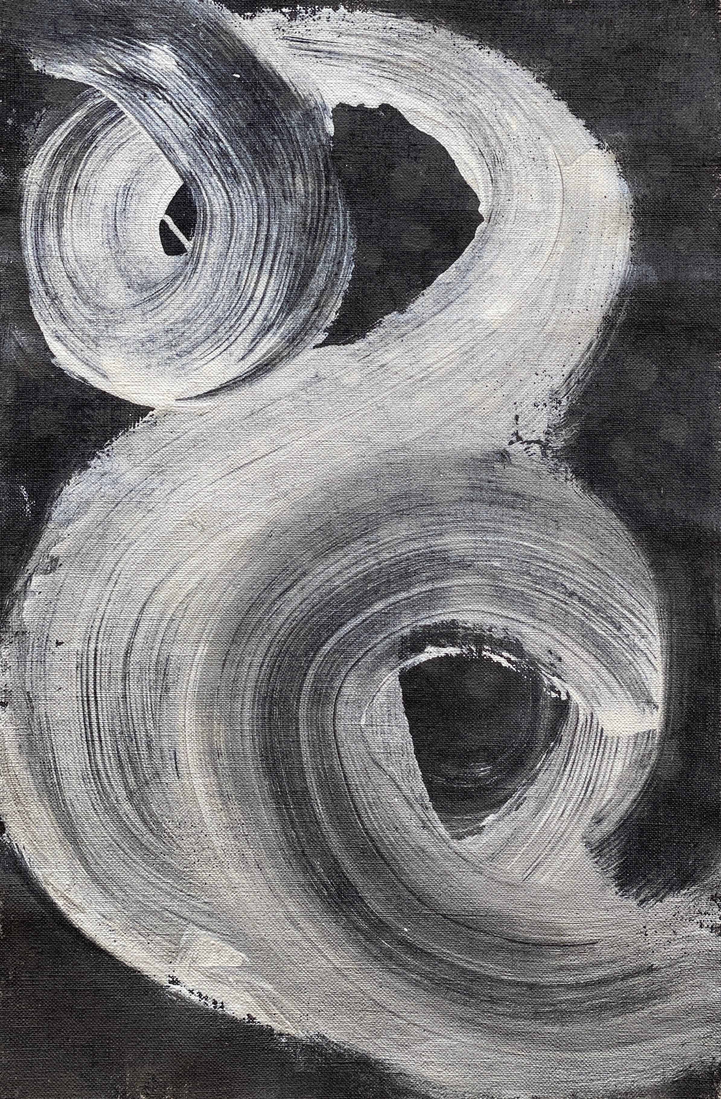 Silver swirl on black linen Minimalist Abstract Symbols Collection tribal earthy - Painting de Kathleen Rhee