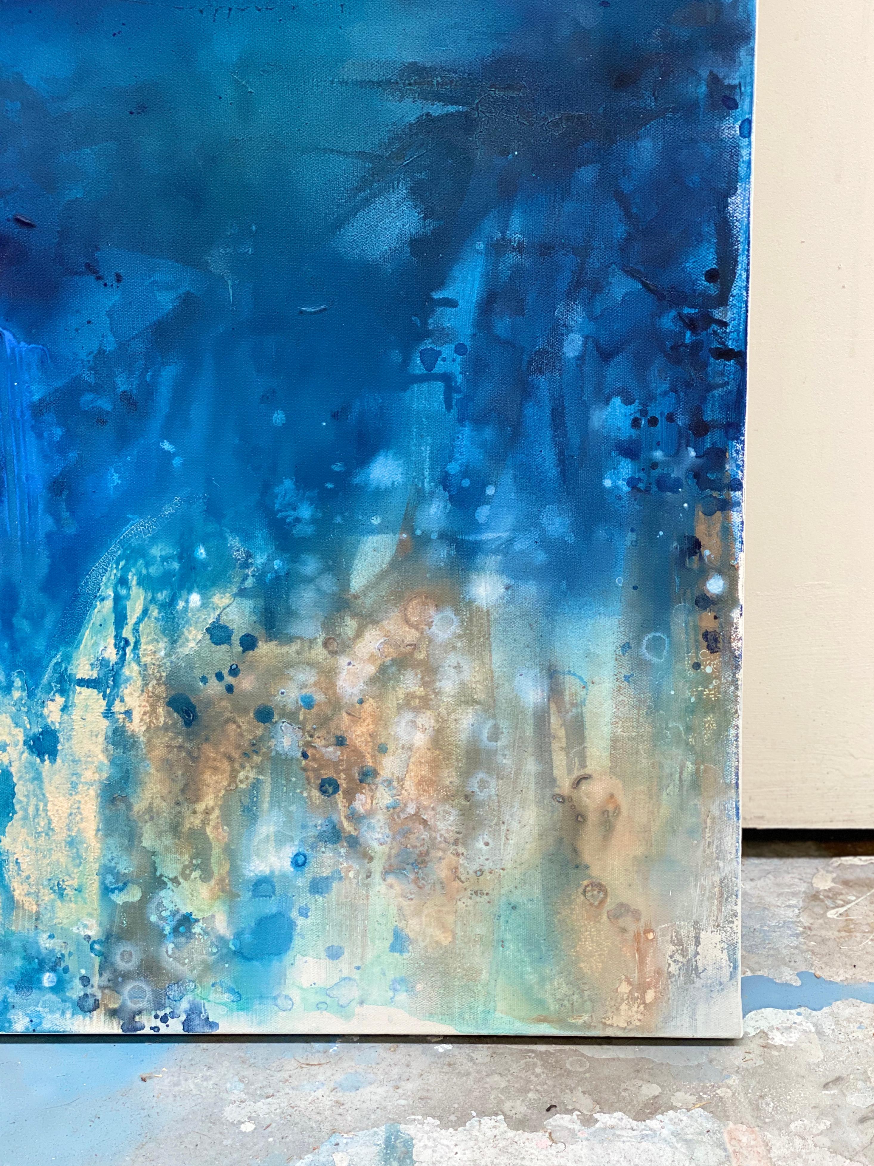 Bringing you brilliant Australian blue skies and sandy beach vibes in this abstract expressionist landscape. Soak up the radiating blue ocean energy, brighten your day and home. 
Bring the positive energy of the Australian surf and sunlight into you