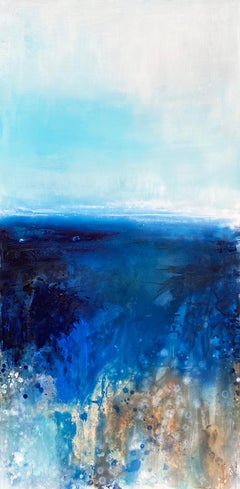 Tableau de paysage abstrait impressionniste bleu ciel océan aqua surf coastal 