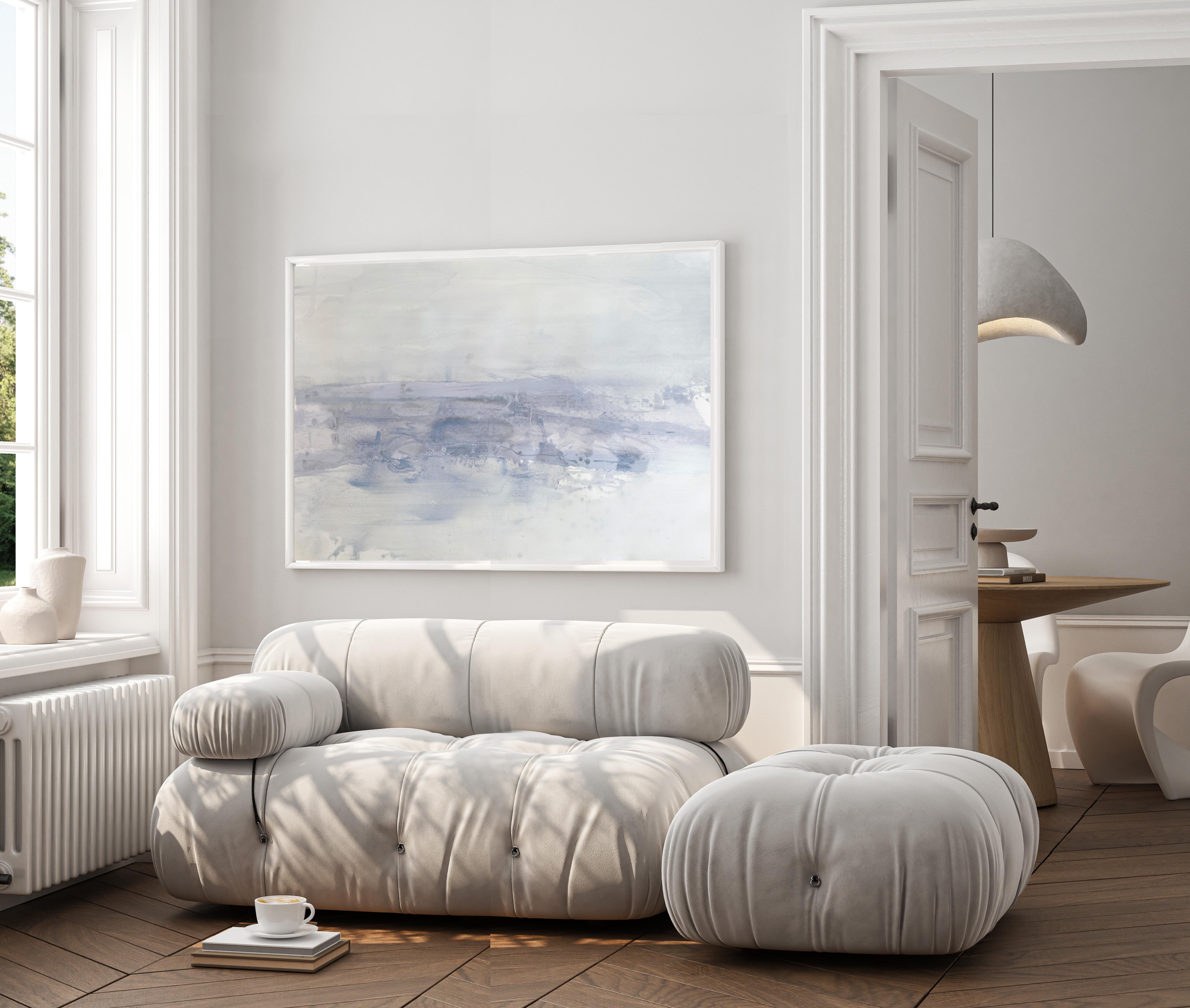 Peinture d'art blanche minimaliste de paysage abstrait scandinave gris neige n°2 - Painting de Kathleen Rhee