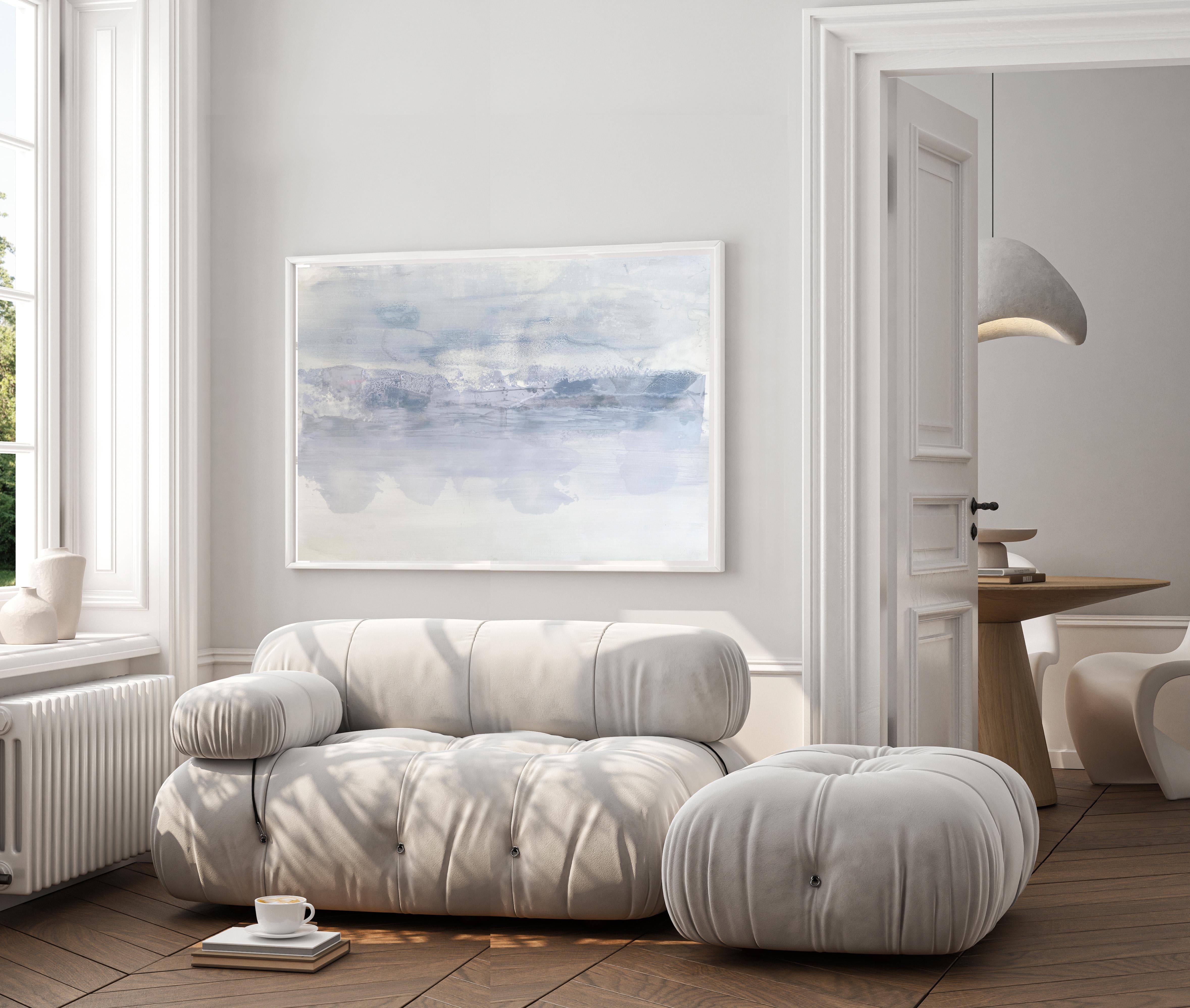 Snowy Grey no1 Nordic Scandi abstract landscape minimal white fine art painting - Painting by Kathleen Rhee