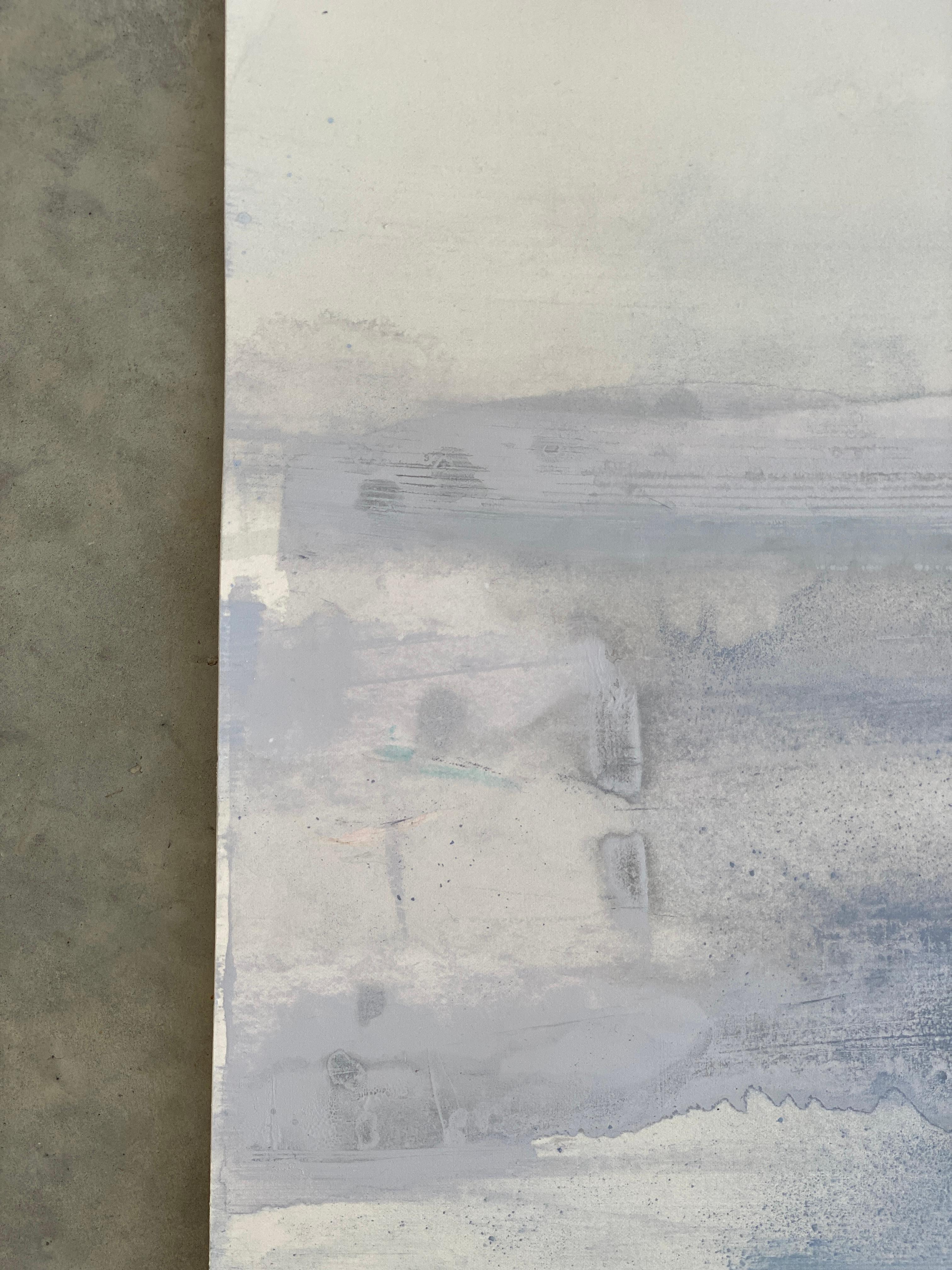 Peinture d'art blanche minimaliste de paysage abstrait scandinave gris neige n°2 en vente 2