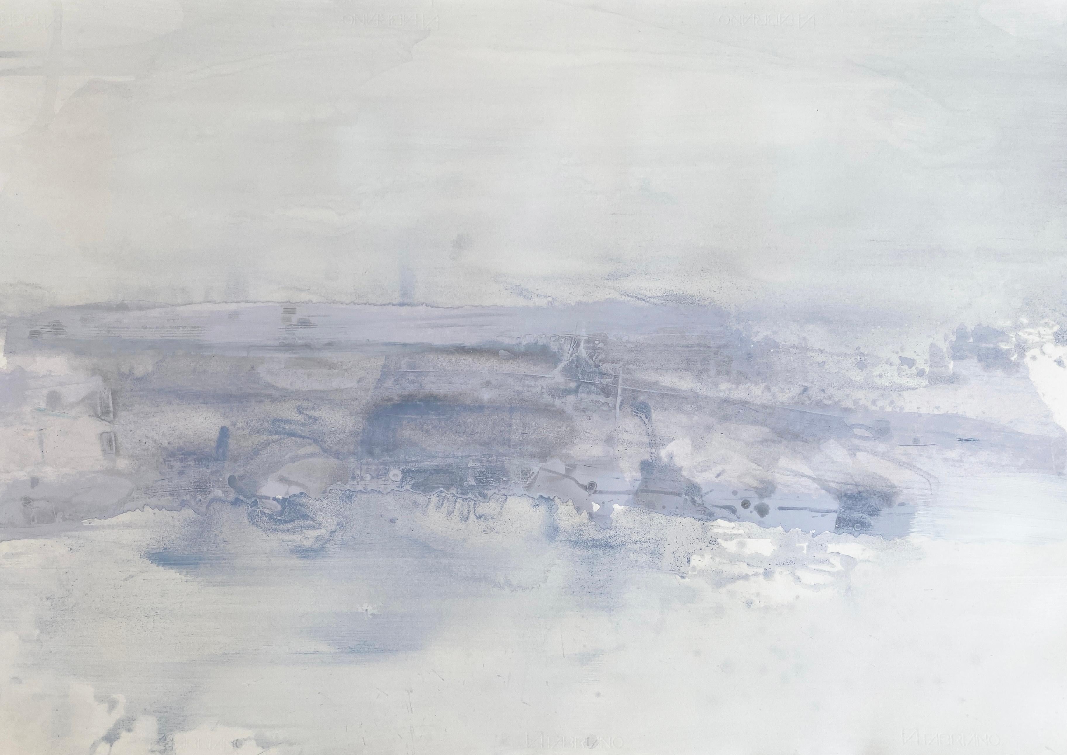 Abstract Painting Kathleen Rhee - Peinture d'art blanche minimaliste de paysage abstrait scandinave gris neige n°2
