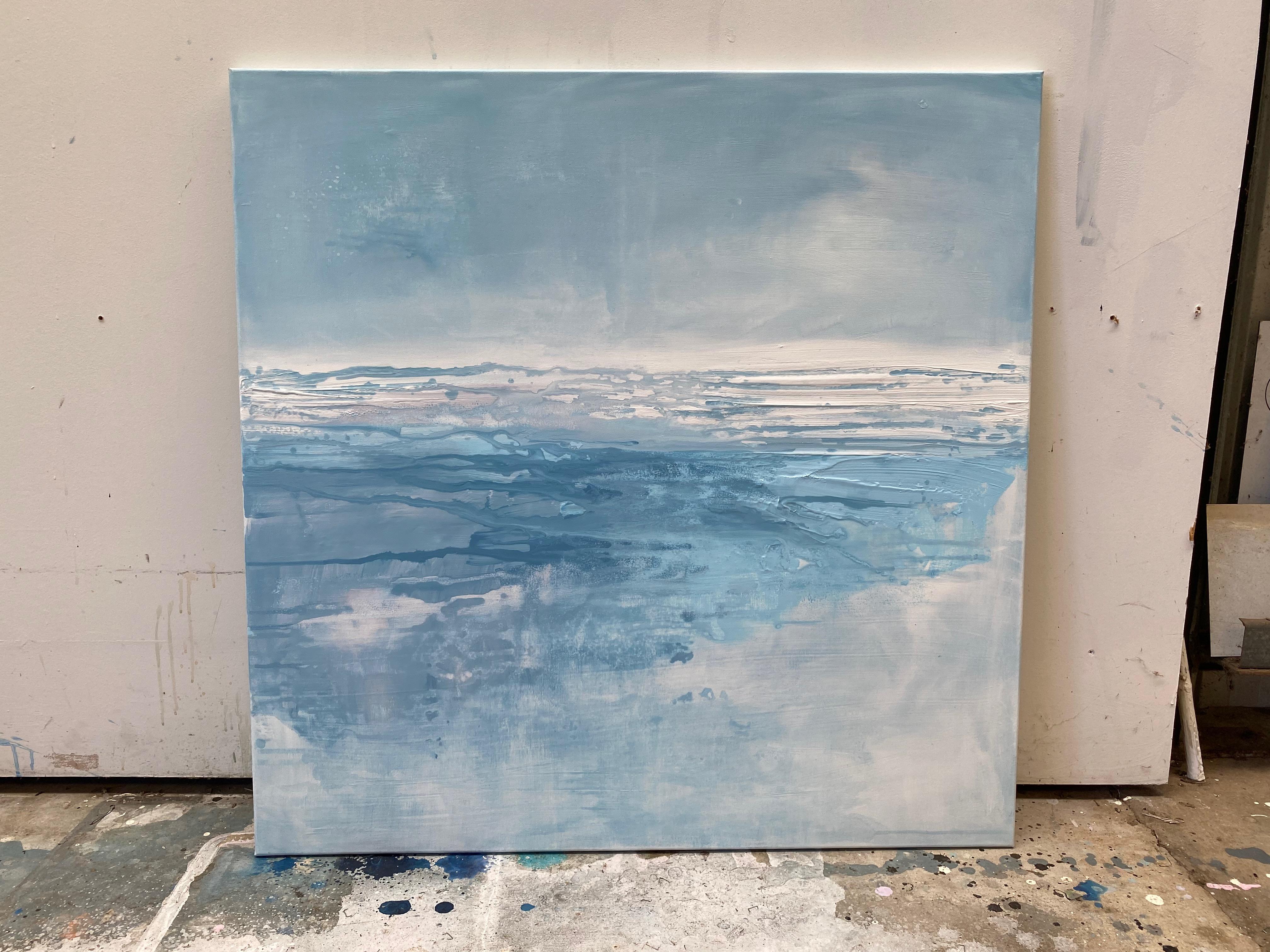 Lienzo azul minimalista abstracto paisaje oceánico azul claro agua blanca suave - Painting Minimalista de Kathleen Rhee