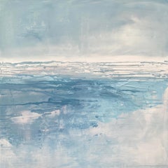 Blaues minimalistisches abstraktes Meereslandschaftsgemälde, hellblaues, weiches, weißes Wasser, Leinwand