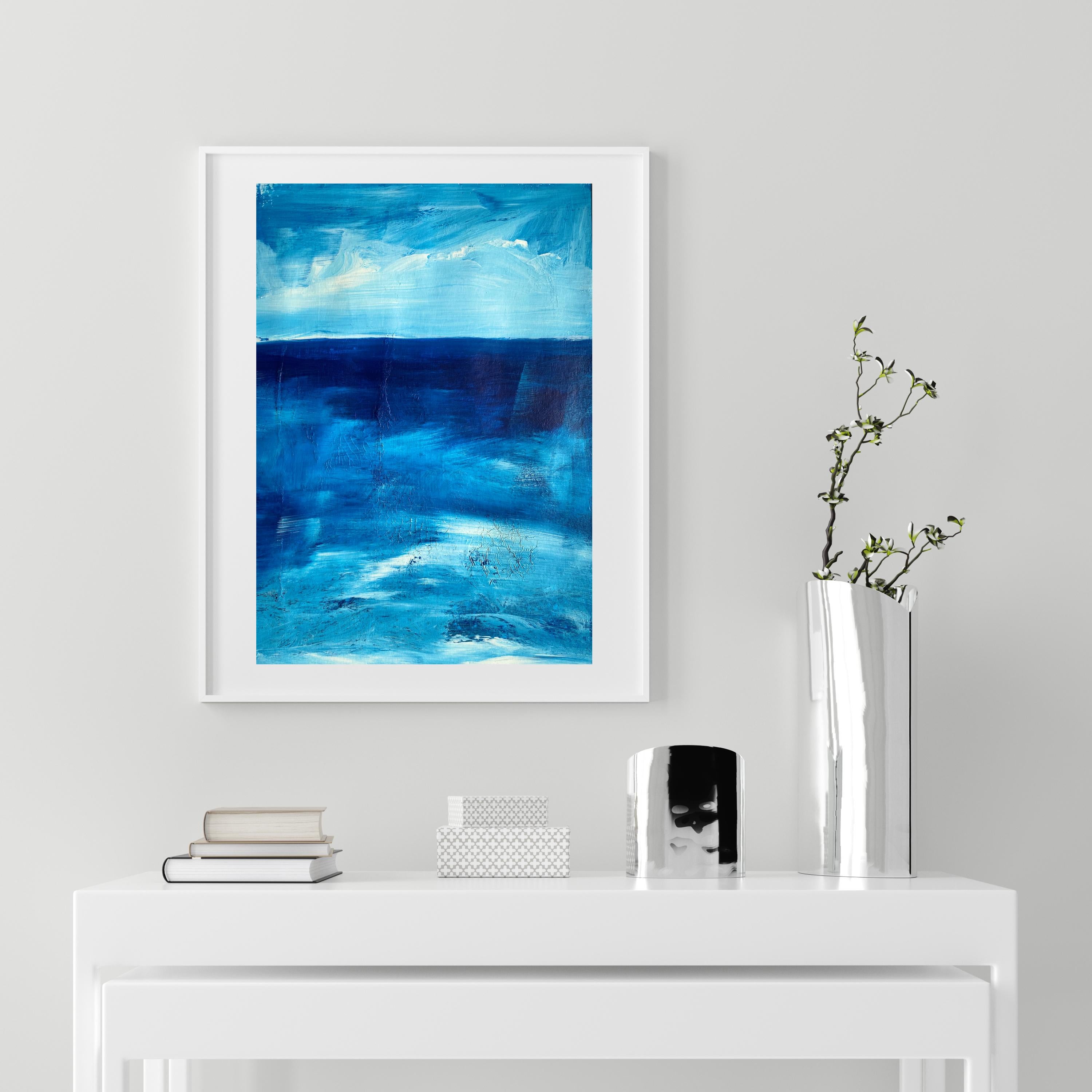 Ocean blue white water cloud sky impressionist landscape framed white mat board - Painting by Kathleen Rhee