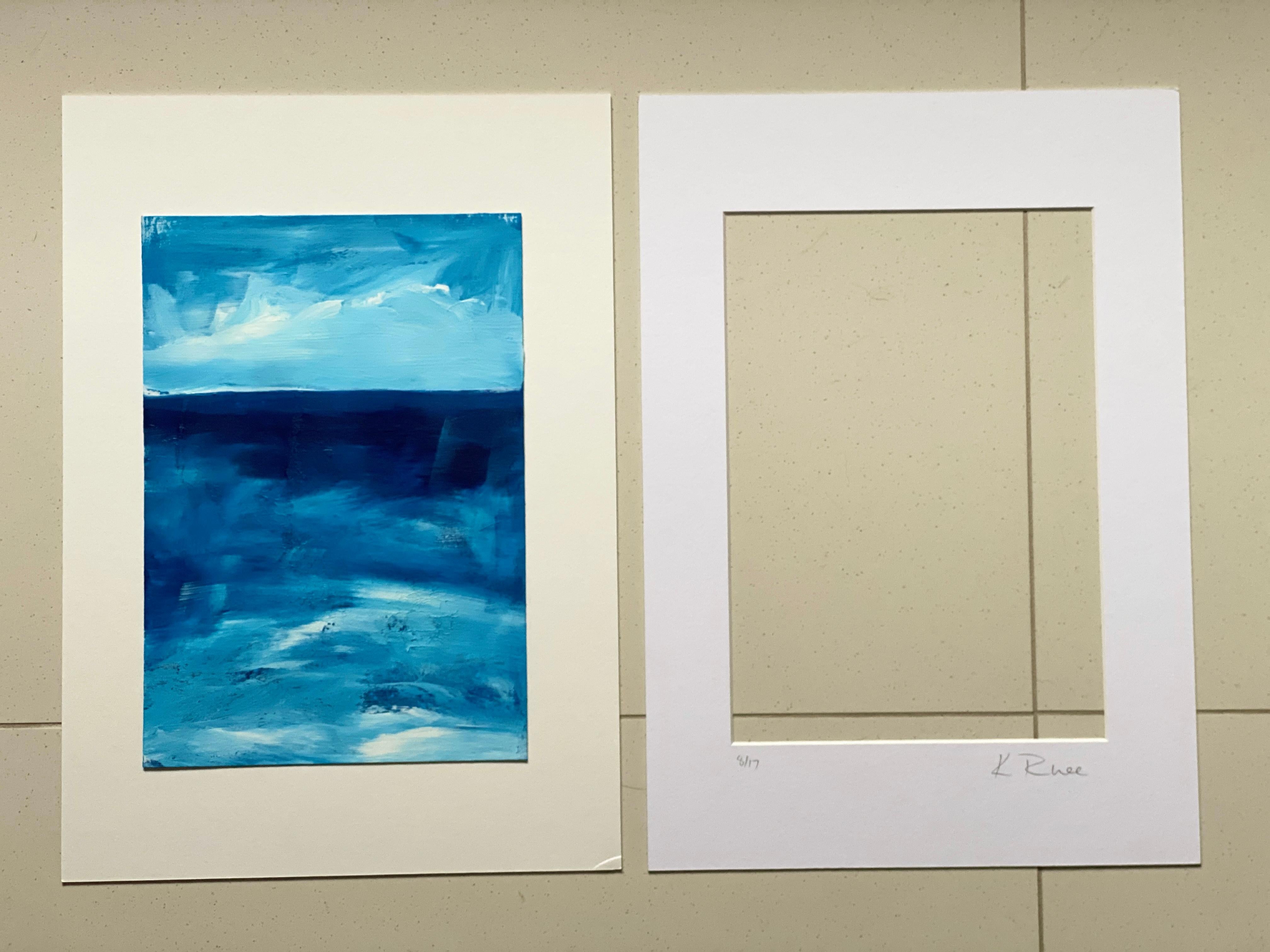 Ocean blue white water cloud sky impressionist landscape framed white mat board For Sale 1