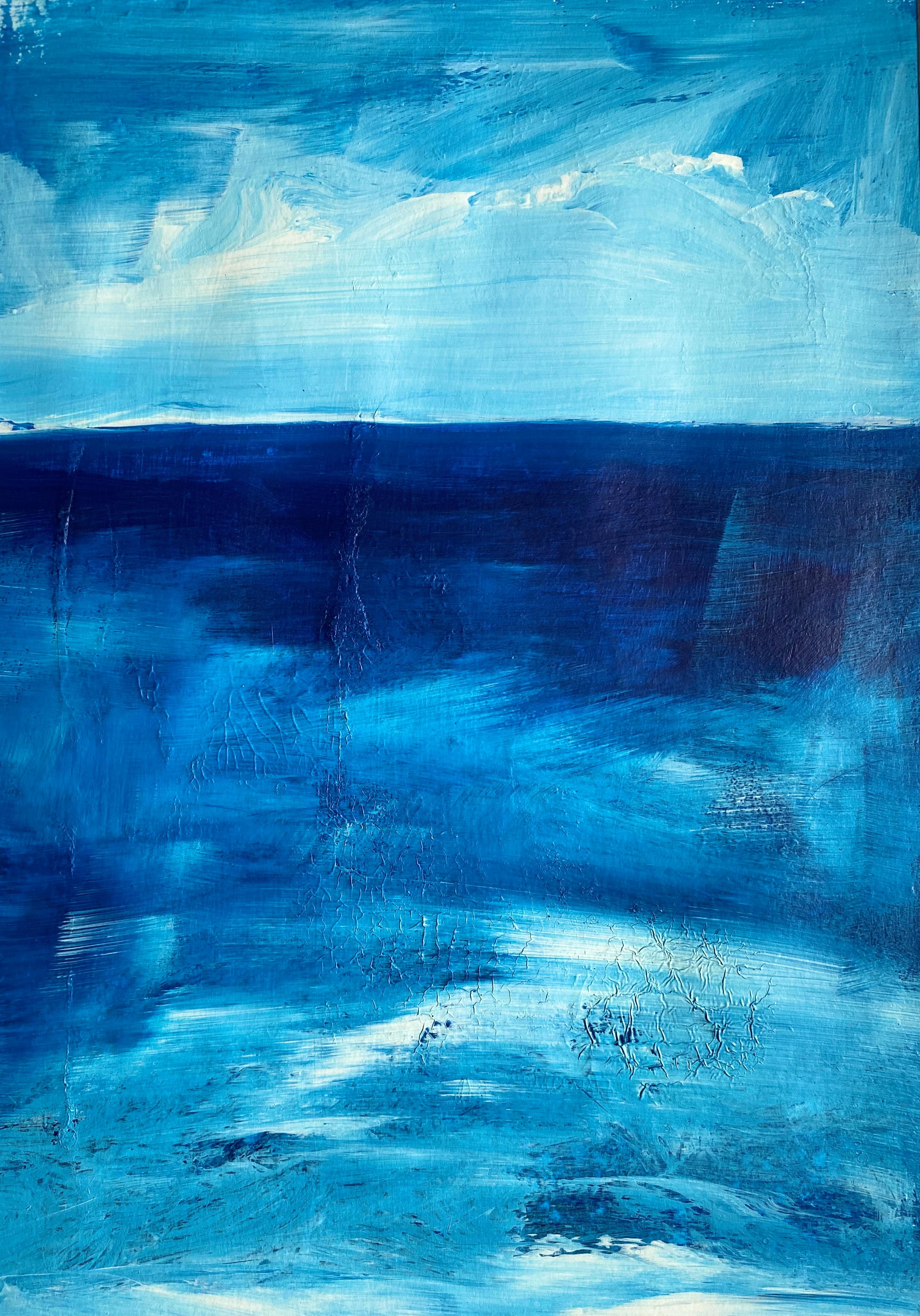 Ocean blue white water cloud sky impressionist landscape framed white mat board