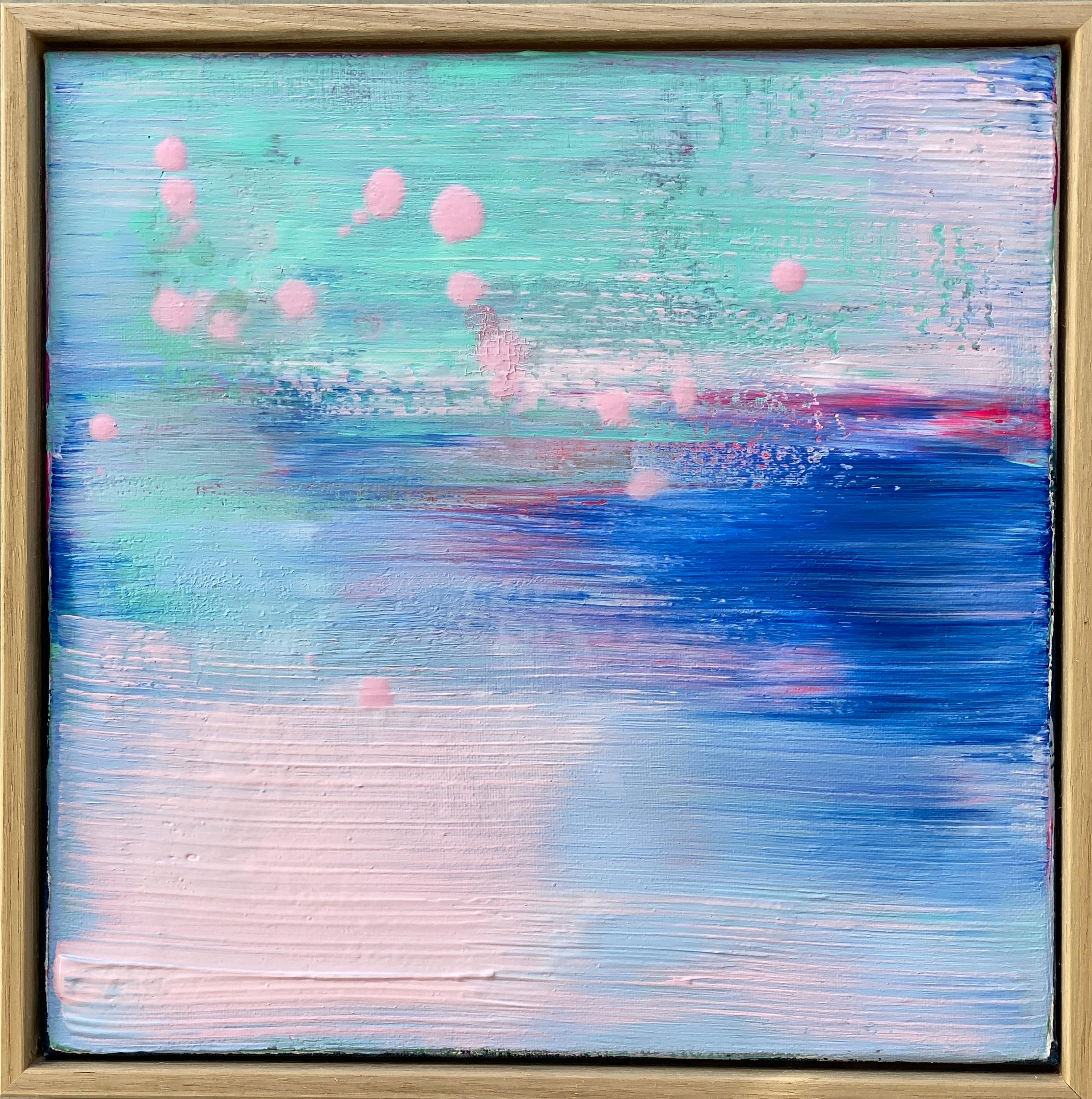 Kathleen Rhee Abstract Painting - Summer Love small framed abstract expressionist painting in cobalt and pastel 