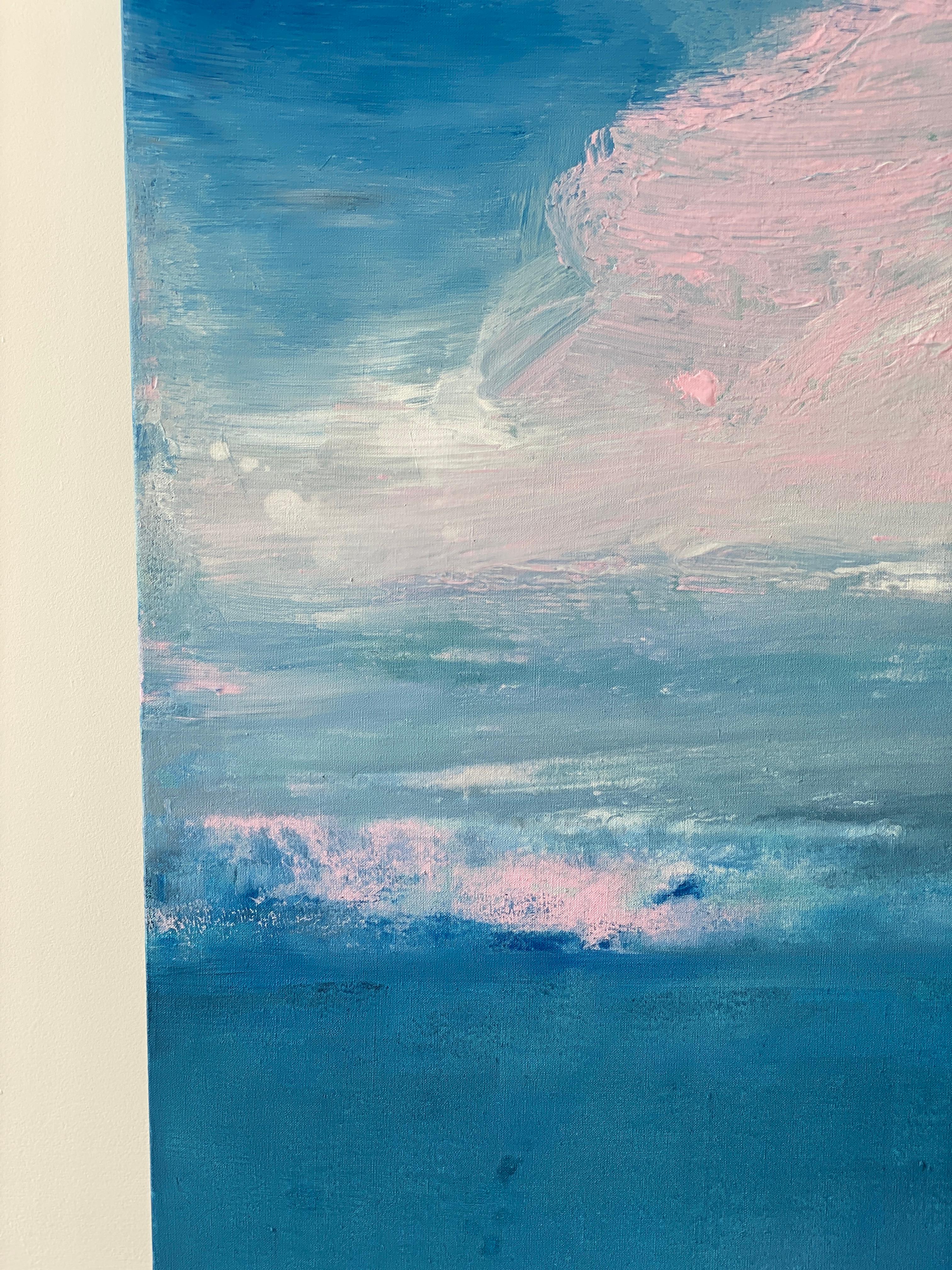 azul océano abstracto pintura impresionista paisaje cielo rosa nubes agua lino en venta 8