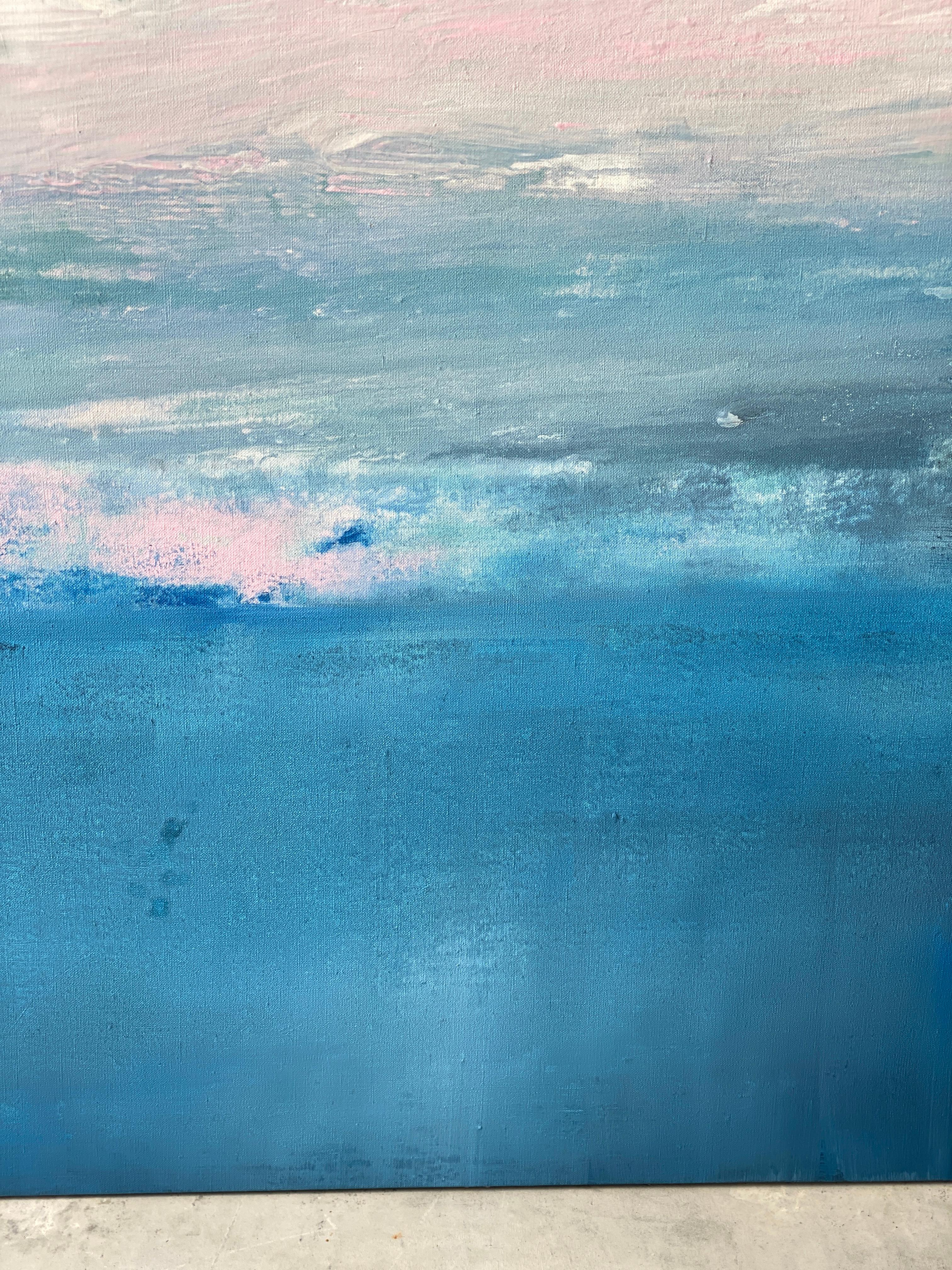 azul océano abstracto pintura impresionista paisaje cielo rosa nubes agua lino en venta 9