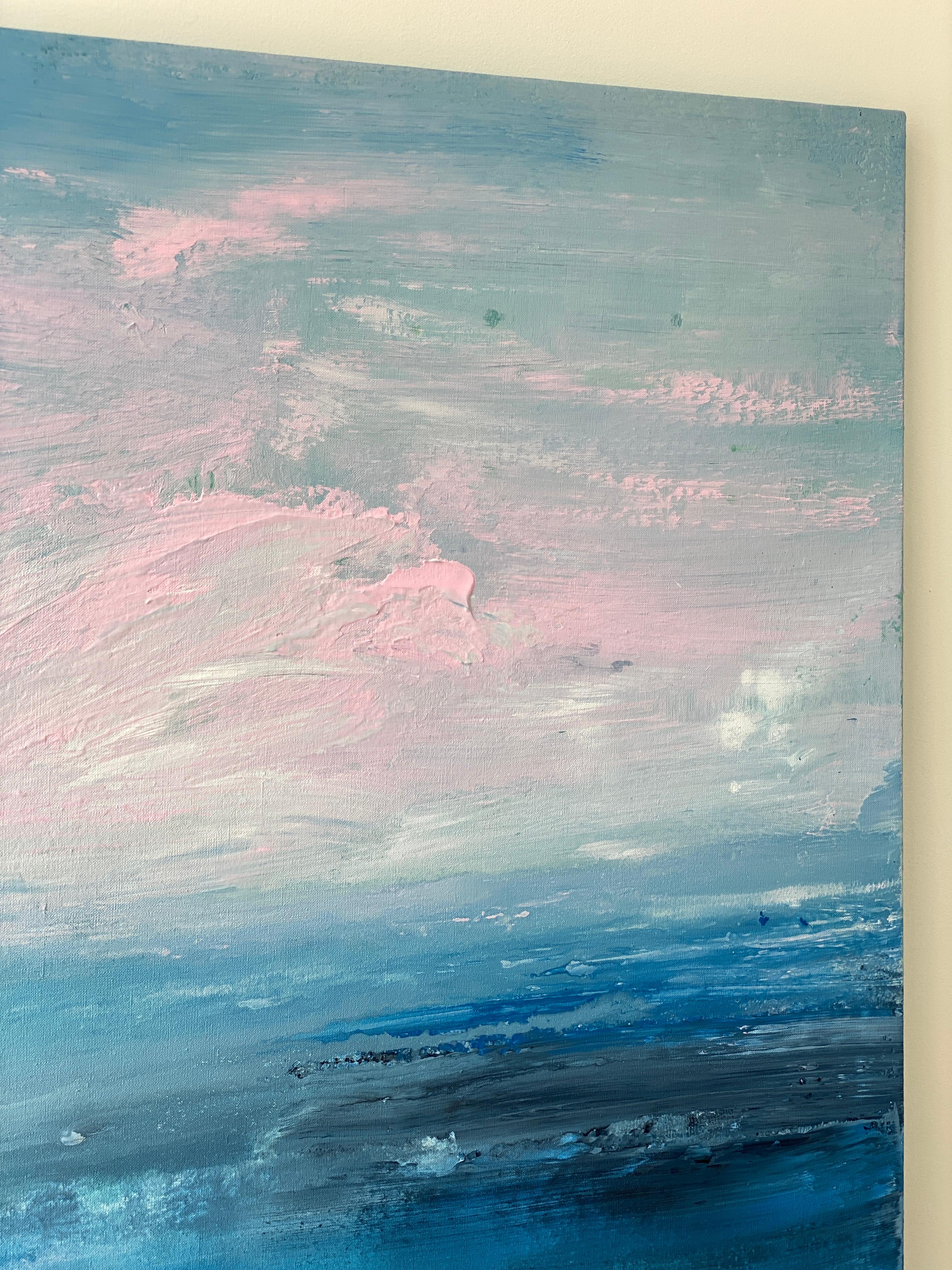 azul océano abstracto pintura impresionista paisaje cielo rosa nubes agua lino en venta 10