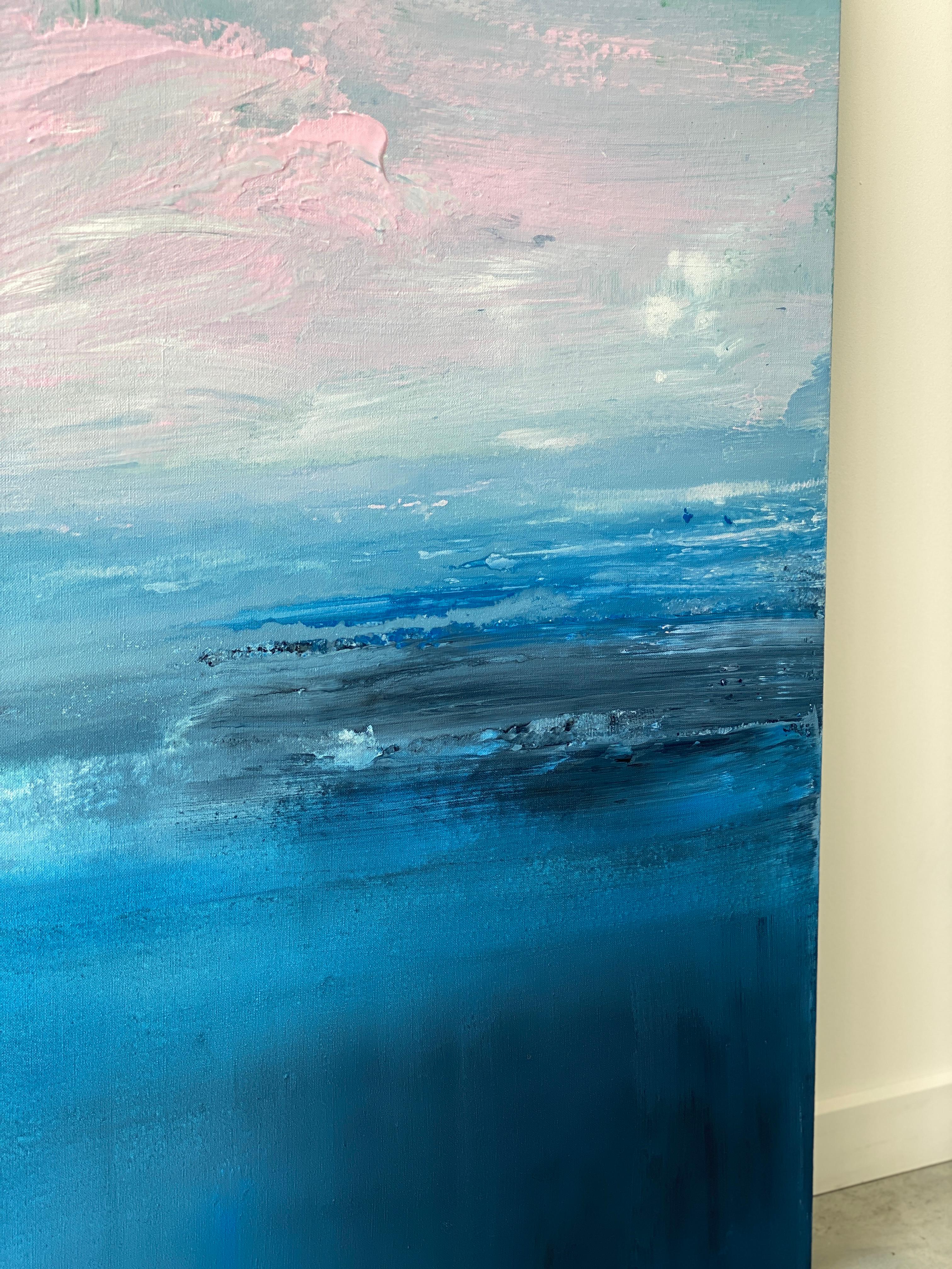 azul océano abstracto pintura impresionista paisaje cielo rosa nubes agua lino en venta 11
