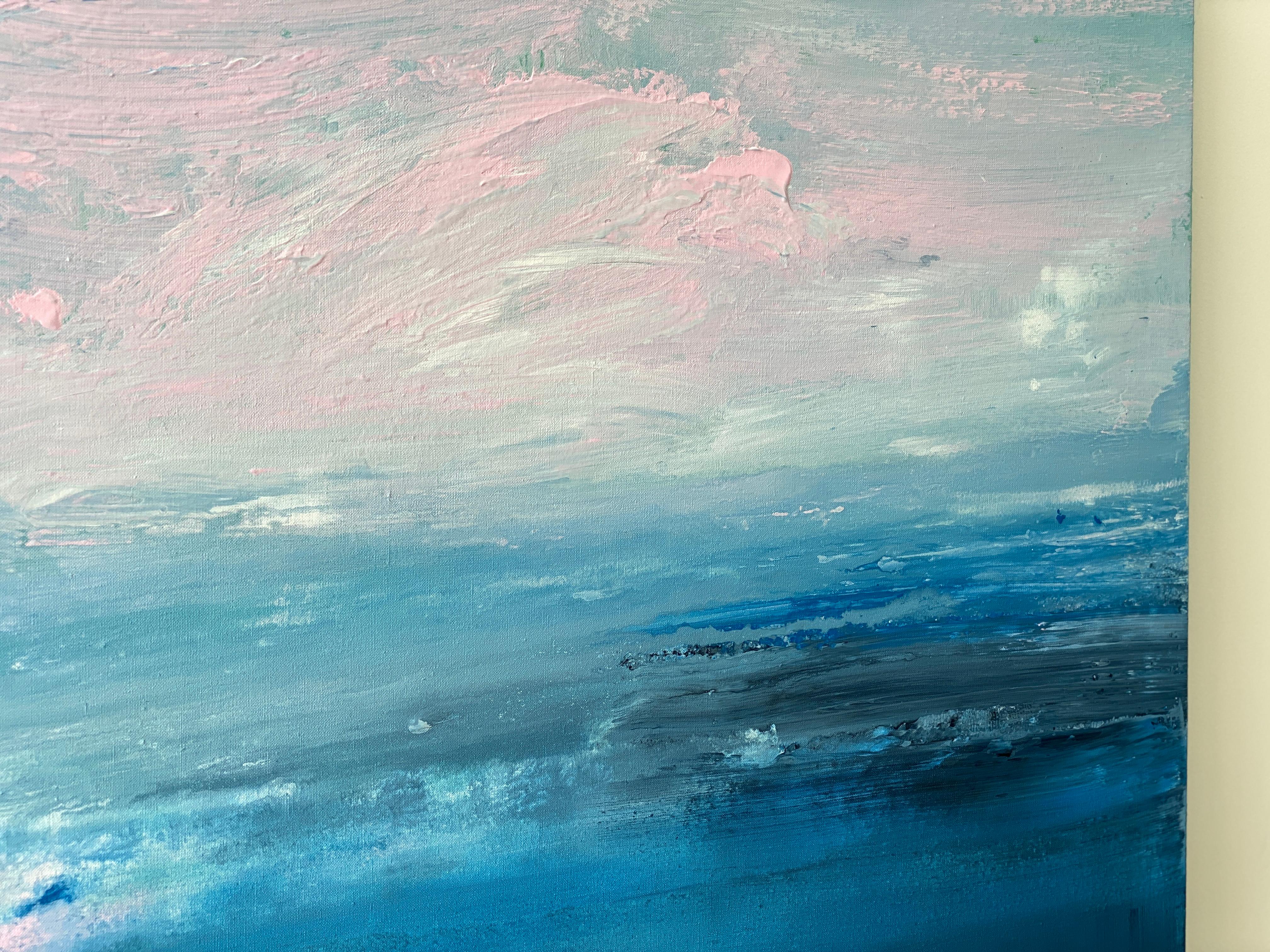azul océano abstracto pintura impresionista paisaje cielo rosa nubes agua lino en venta 12