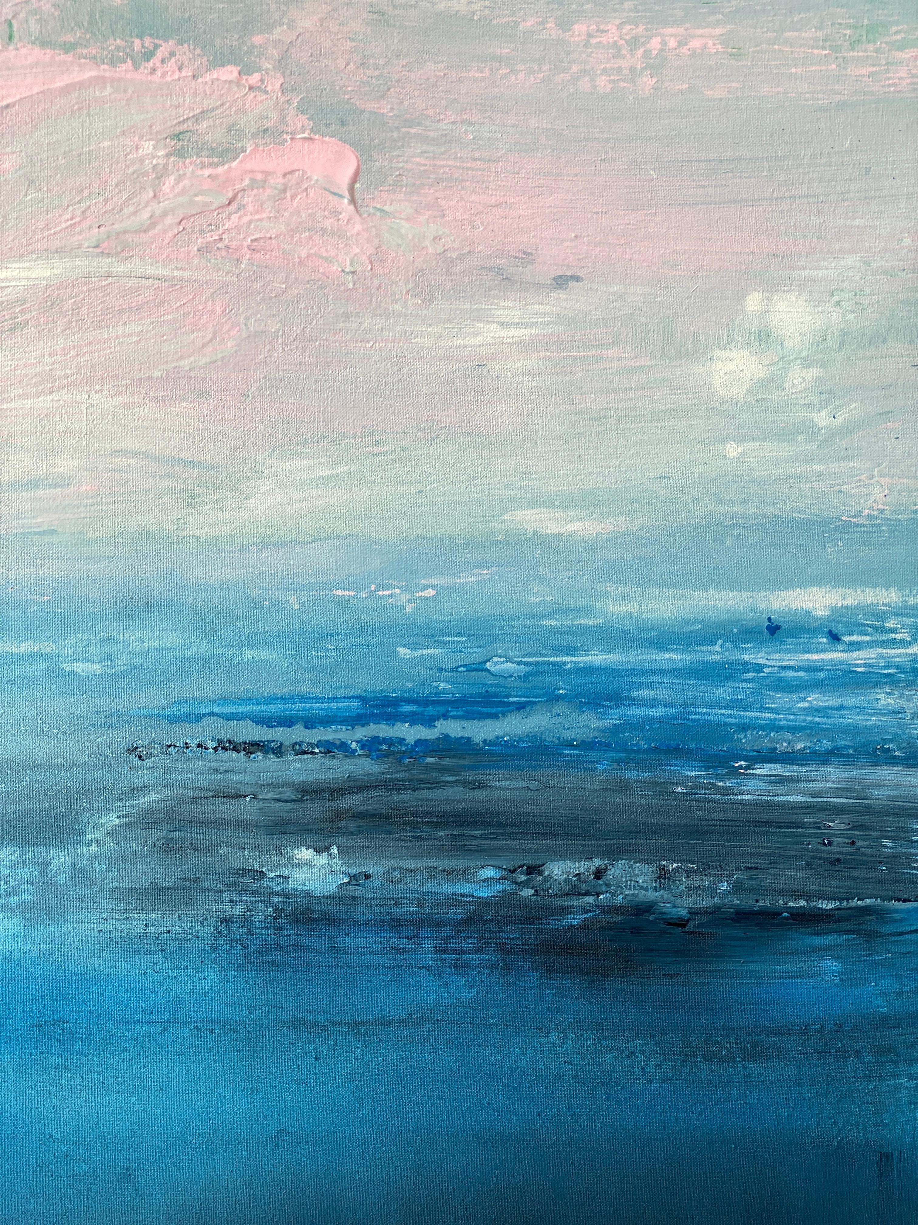 azul océano abstracto pintura impresionista paisaje cielo rosa nubes agua lino en venta 15