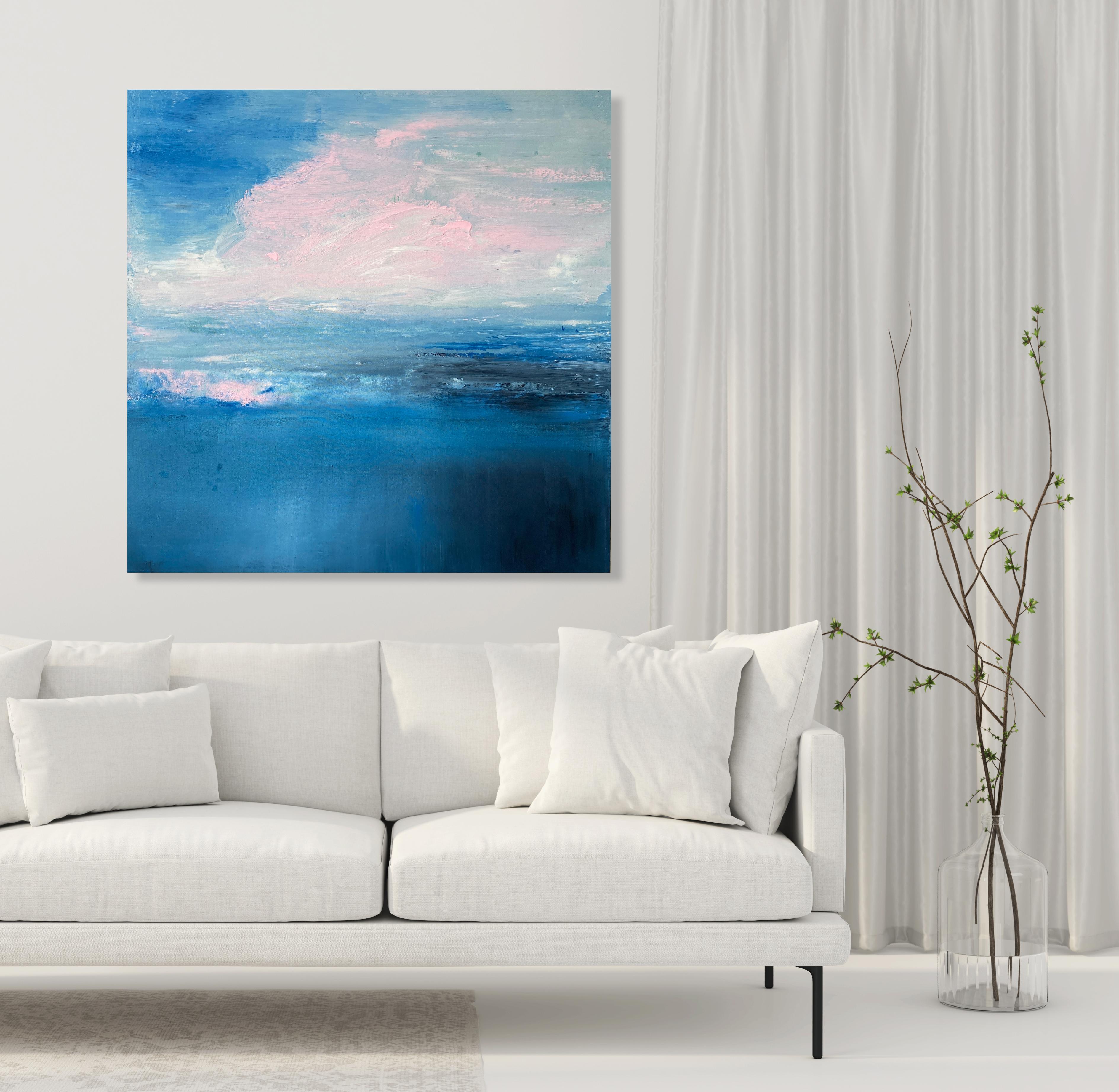 Sommer- Swimming Blau Rosa Ozean abstrakte Landschaft Wolken-Impressionismus Himmel  – Painting von Kathleen Rhee
