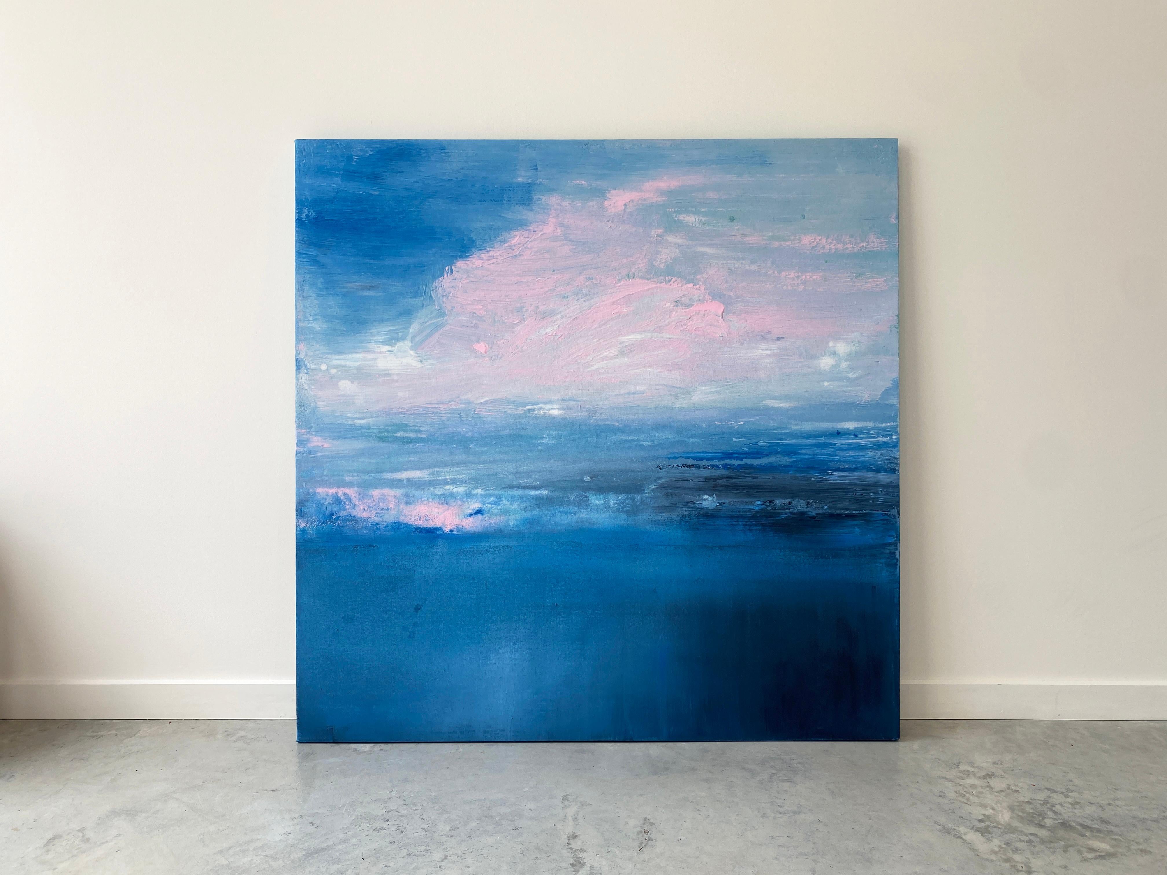 Sommer- Swimming Blau Rosa Ozean abstrakte Landschaft Wolken-Impressionismus Himmel  (Abstrakt), Painting, von Kathleen Rhee