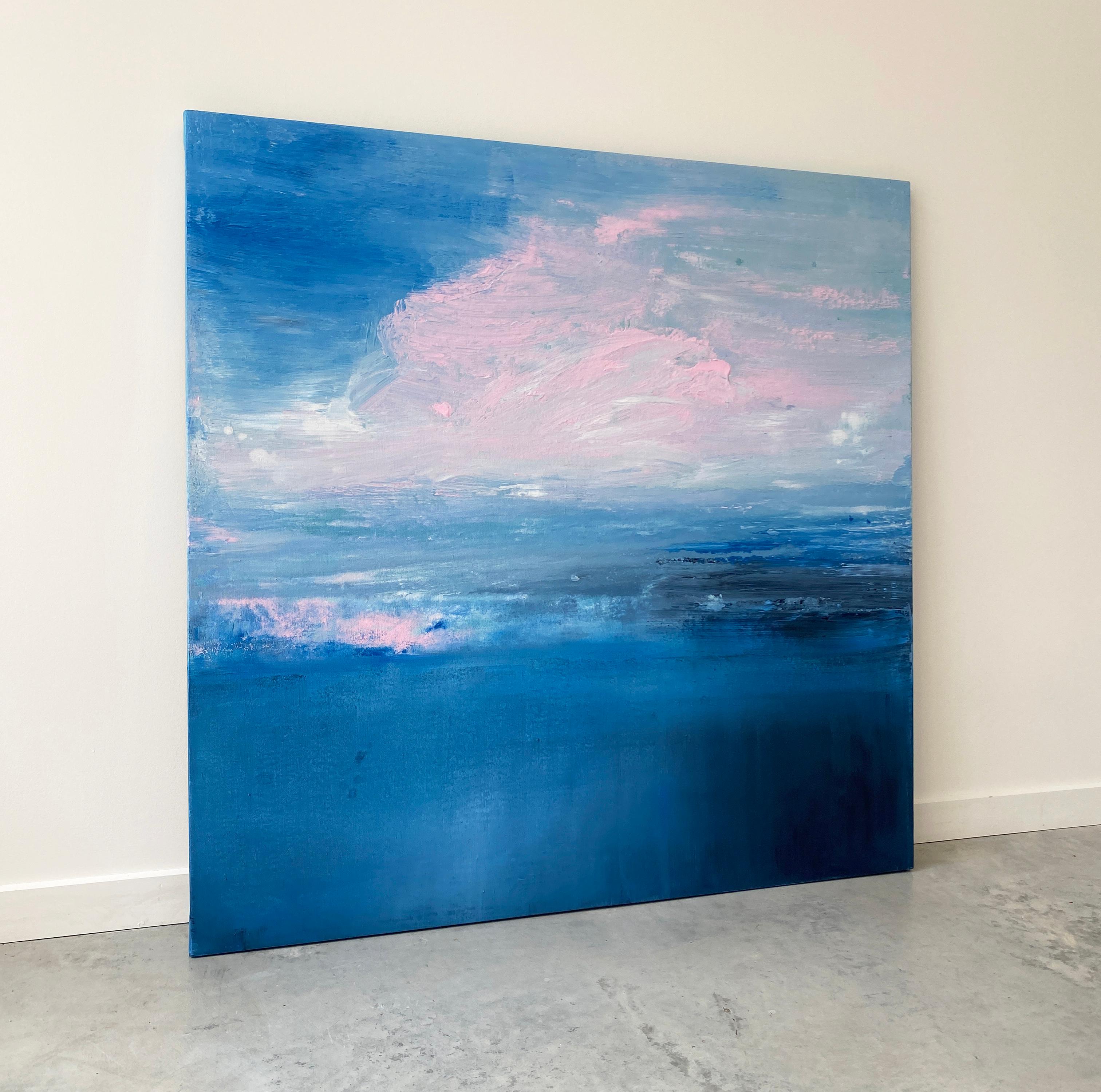 azul océano abstracto pintura impresionista paisaje cielo rosa nubes agua lino en venta 1