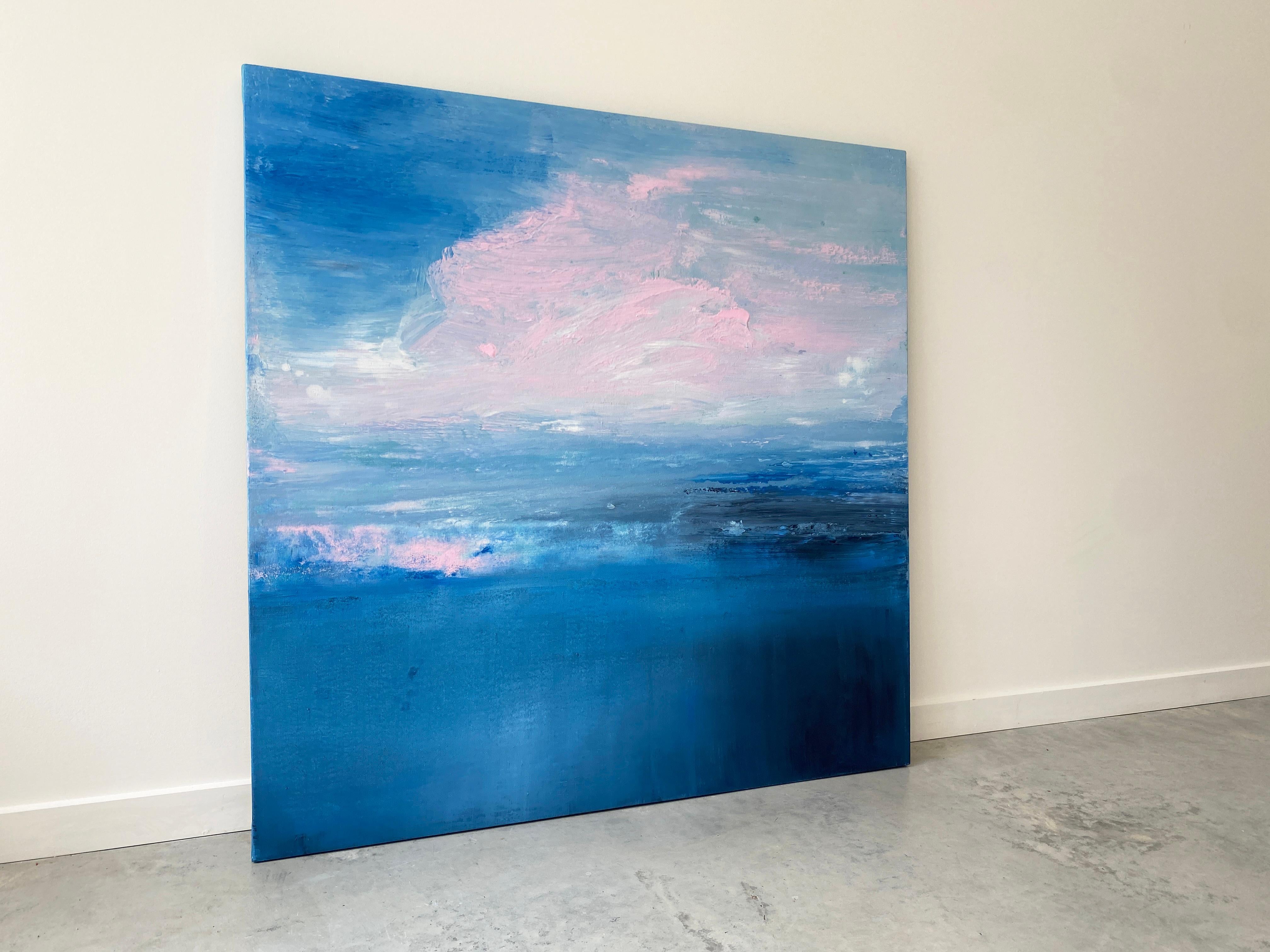 azul océano abstracto pintura impresionista paisaje cielo rosa nubes agua lino en venta 3